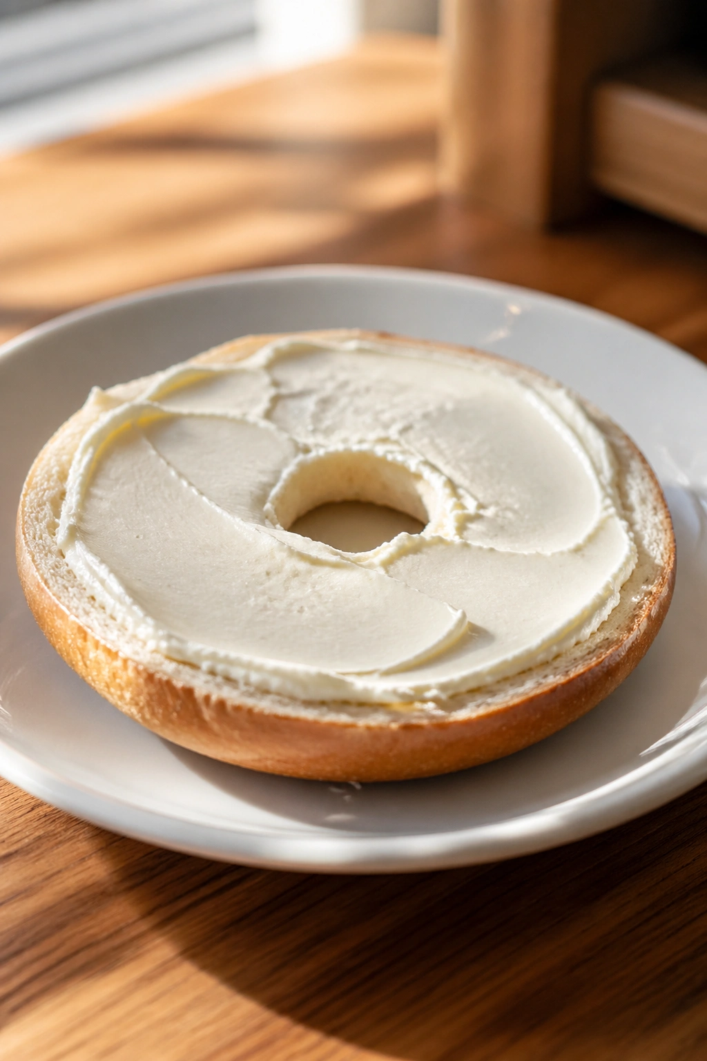 Plain bagel with cream cheese on plate