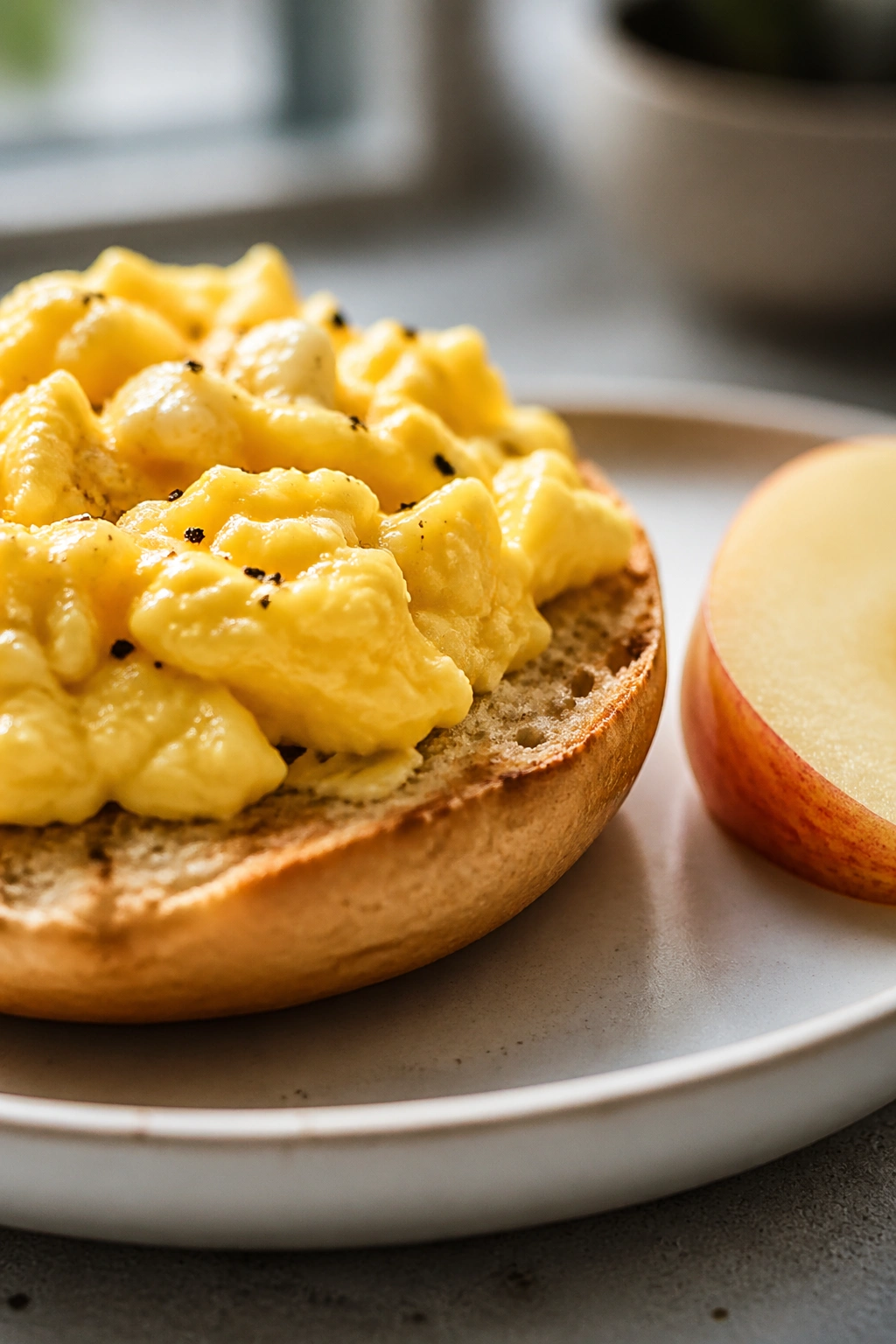 Close-up of a bagel with eggs and fruit on a plate in a bright kitchen
