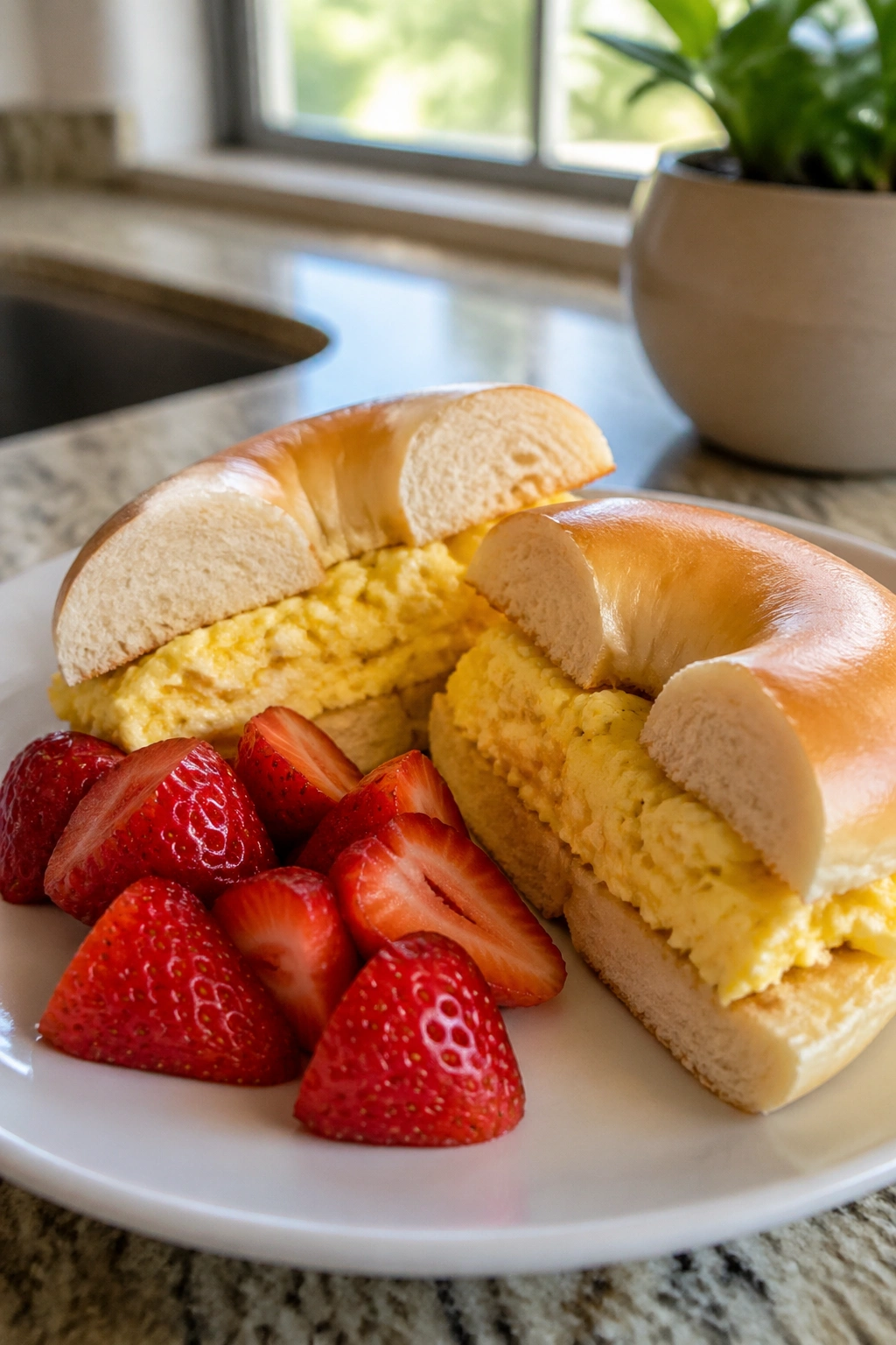 Close-up of bagel sandwich with scrambled eggs and strawberries on a plate