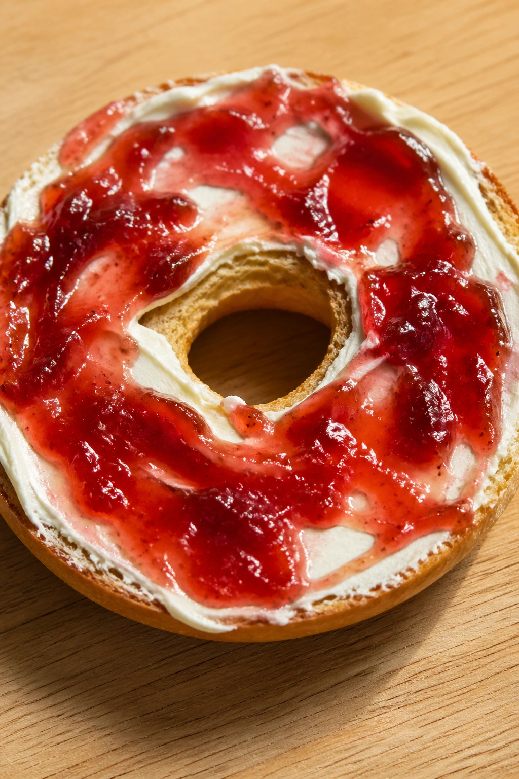 Close-up bagel half with jam and cream cheese on a wooden surface