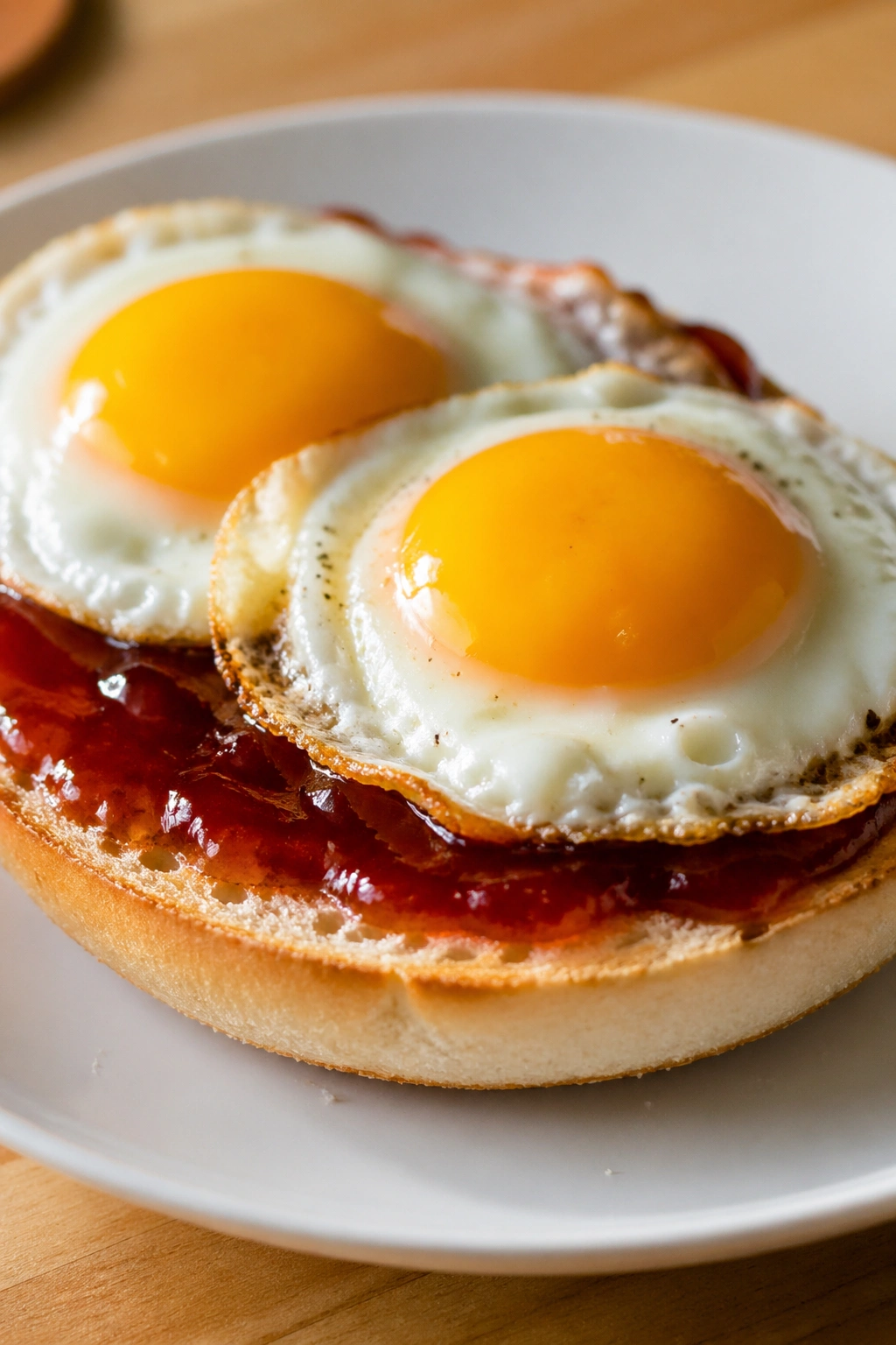 Close-up of a bagel with jam and eggs on a plate, ready for a pre-workout breakfast