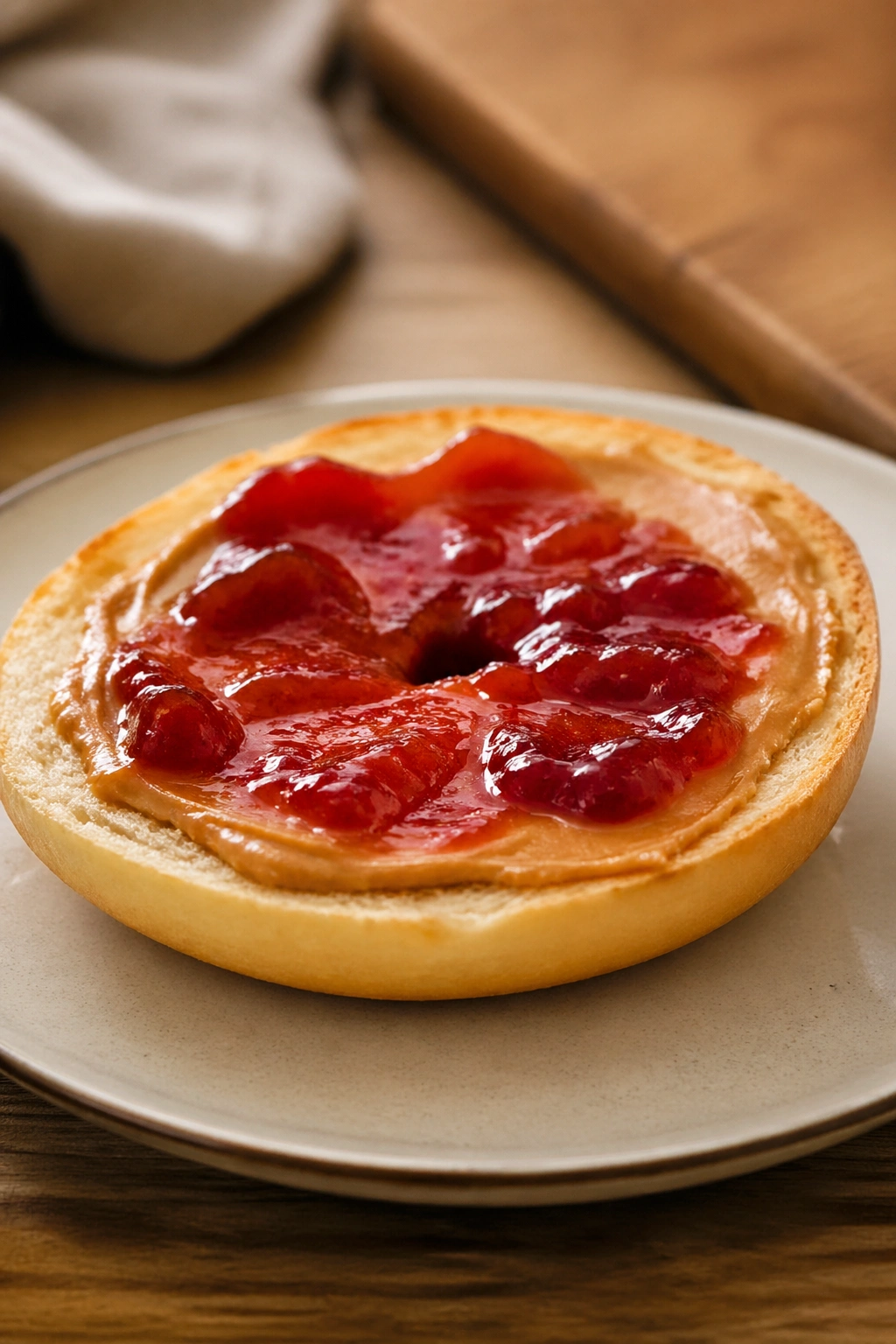 Close-up of bagel half with jam and thin peanut butter on a plate