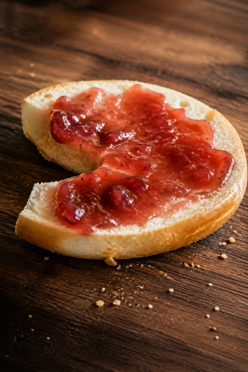 Plain bagel half with a thin jam spread on a wooden surface