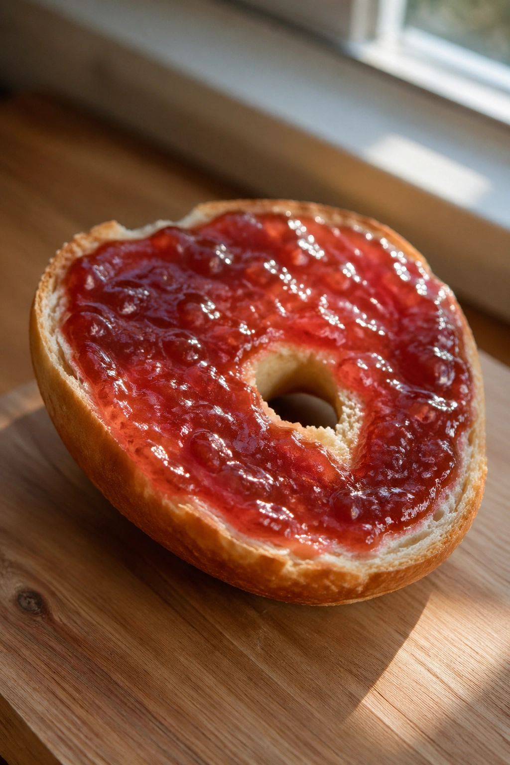 Close-up of half bagel with jam on a wooden surface.