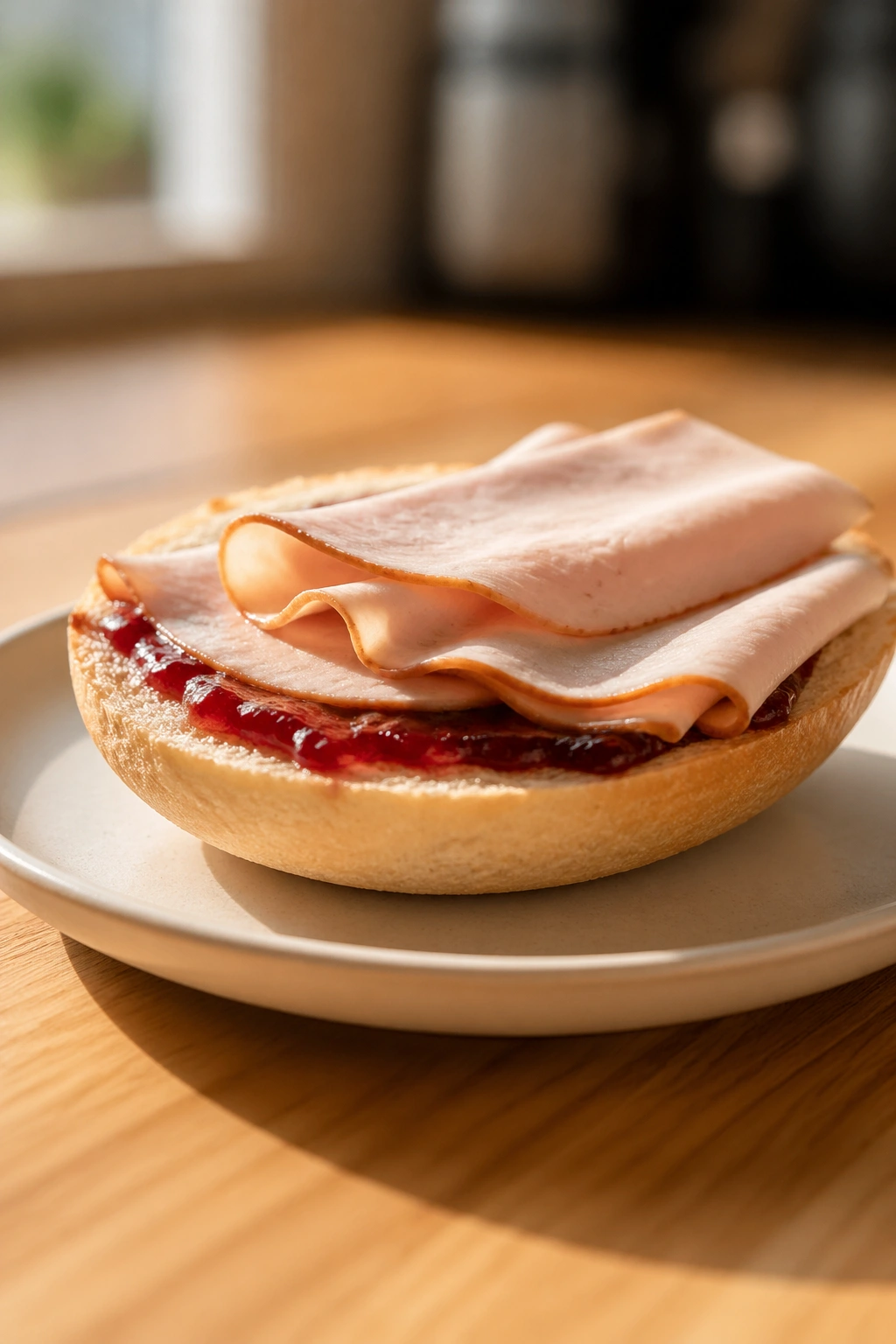 Close-up of half bagel with jam and turkey on a plate in a kitchen