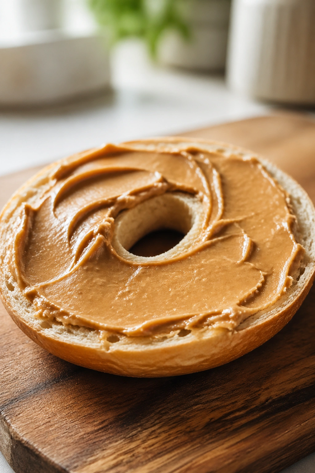 Close-up of bagel half with peanut butter on a wooden board