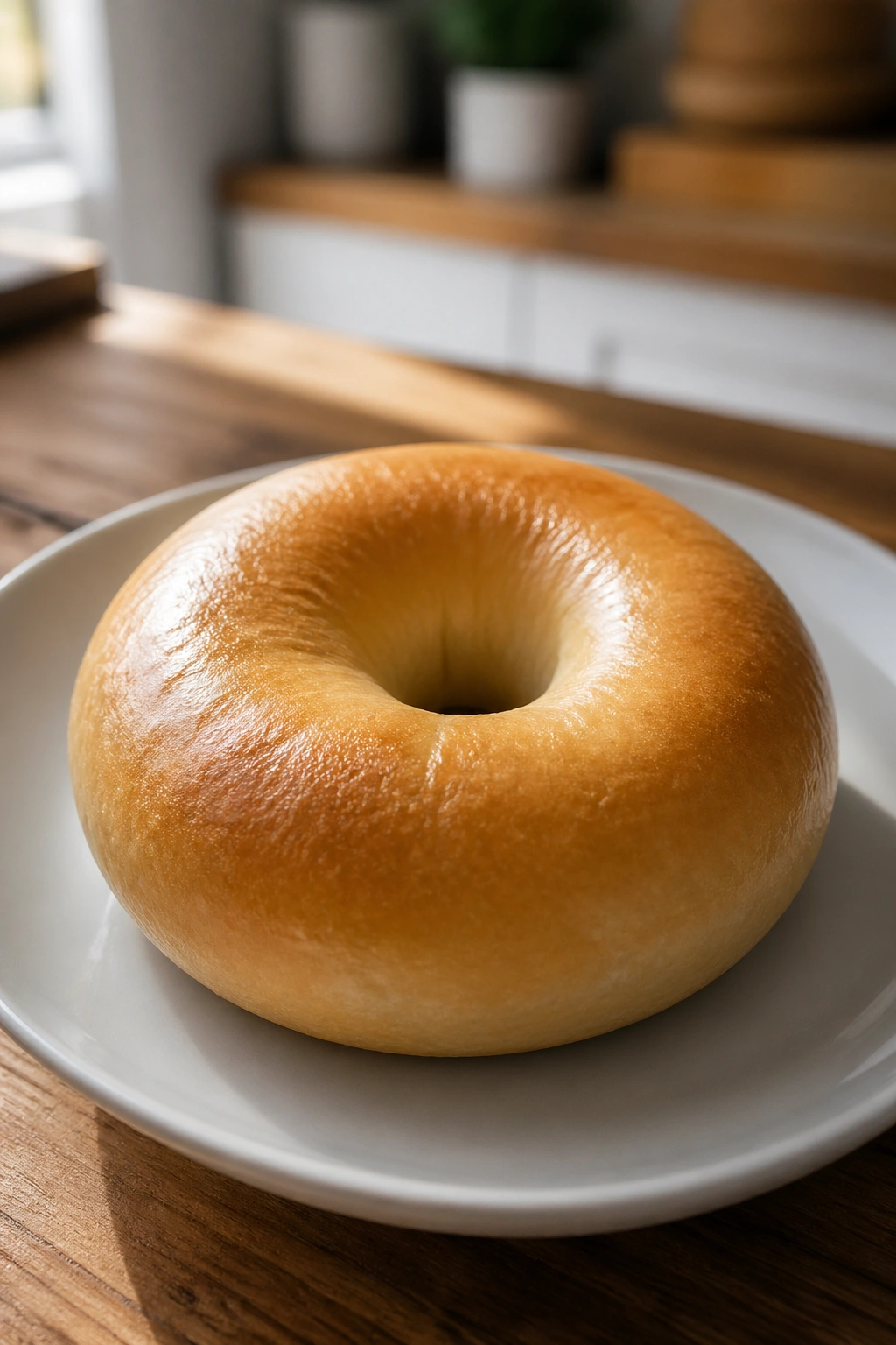 Close-up of a plain bagel on a plate in a warm kitchen setting.
