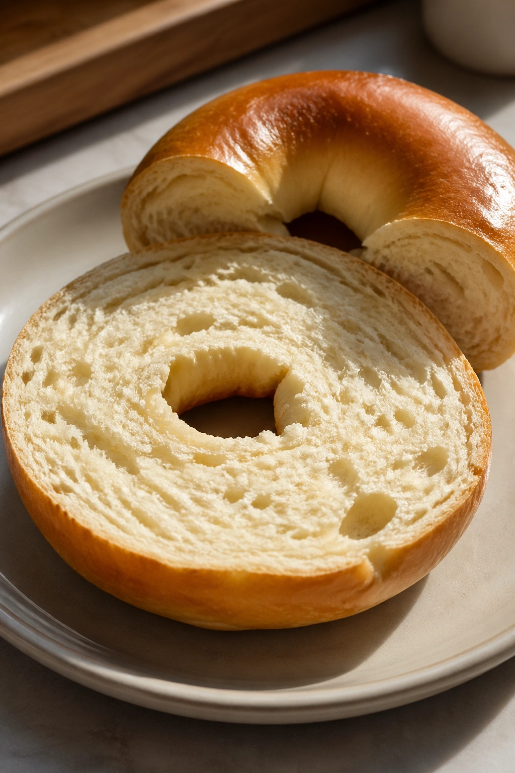 Close-up of plain bagel halves on a plate