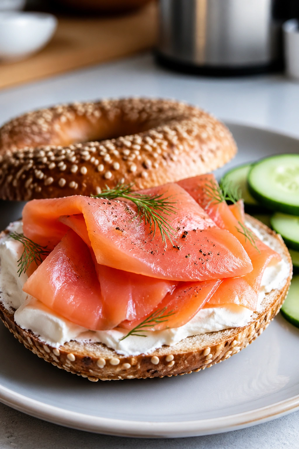 Bagel with cream cheese and smoked salmon on a plate