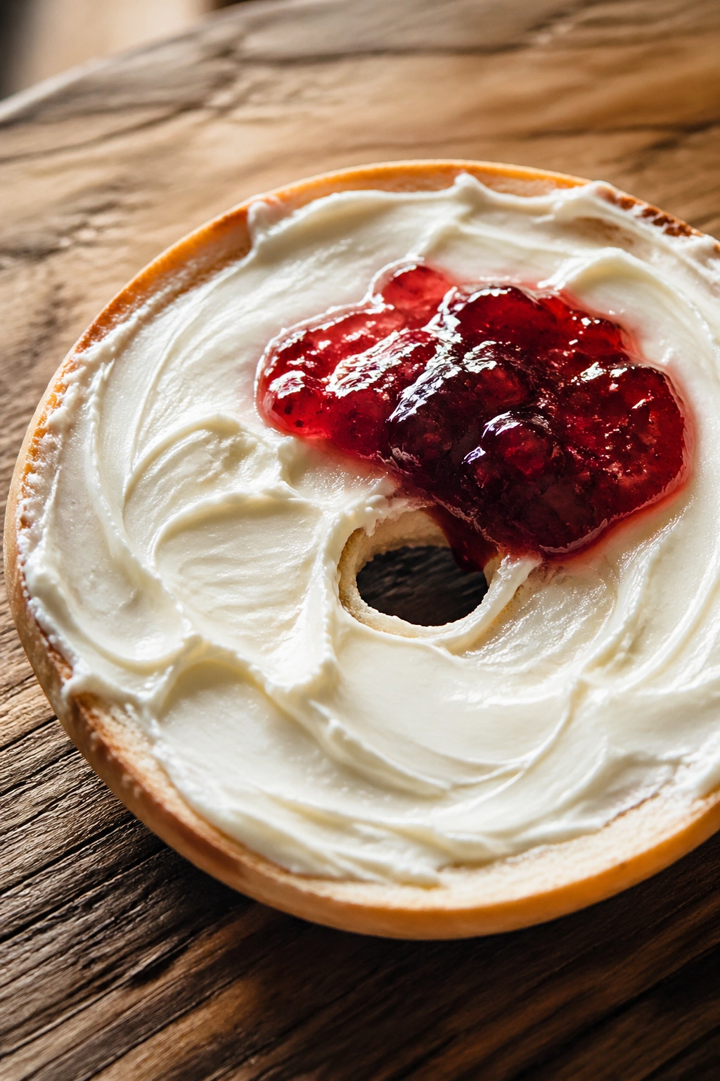Close-up of a single bagel thin with cream cheese and jam on a wooden board