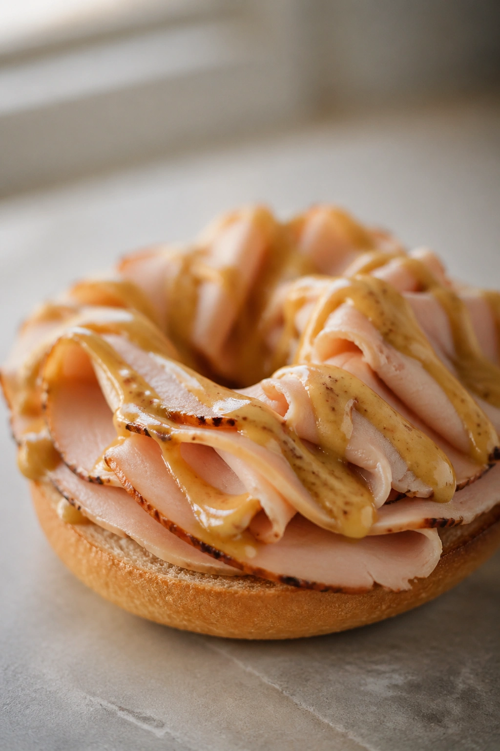 Close-up of a bagel with turkey and honey mustard for pre-workout fuel