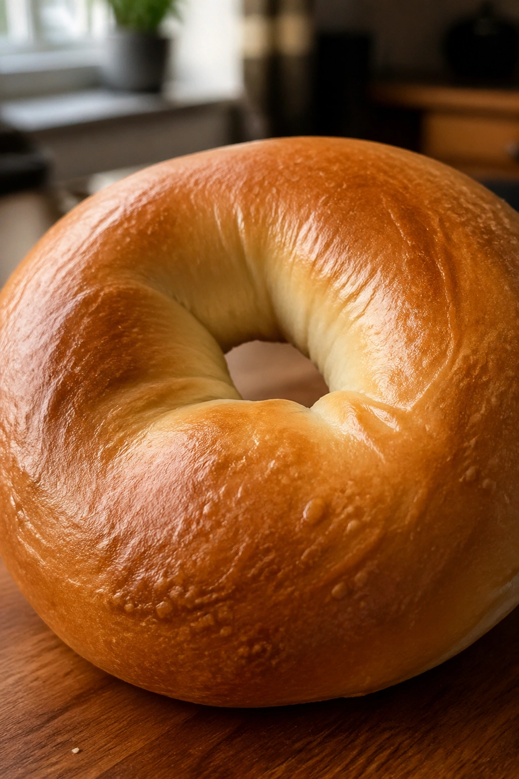 Close-up of a single plain bagel on a wooden board under warm kitchen light