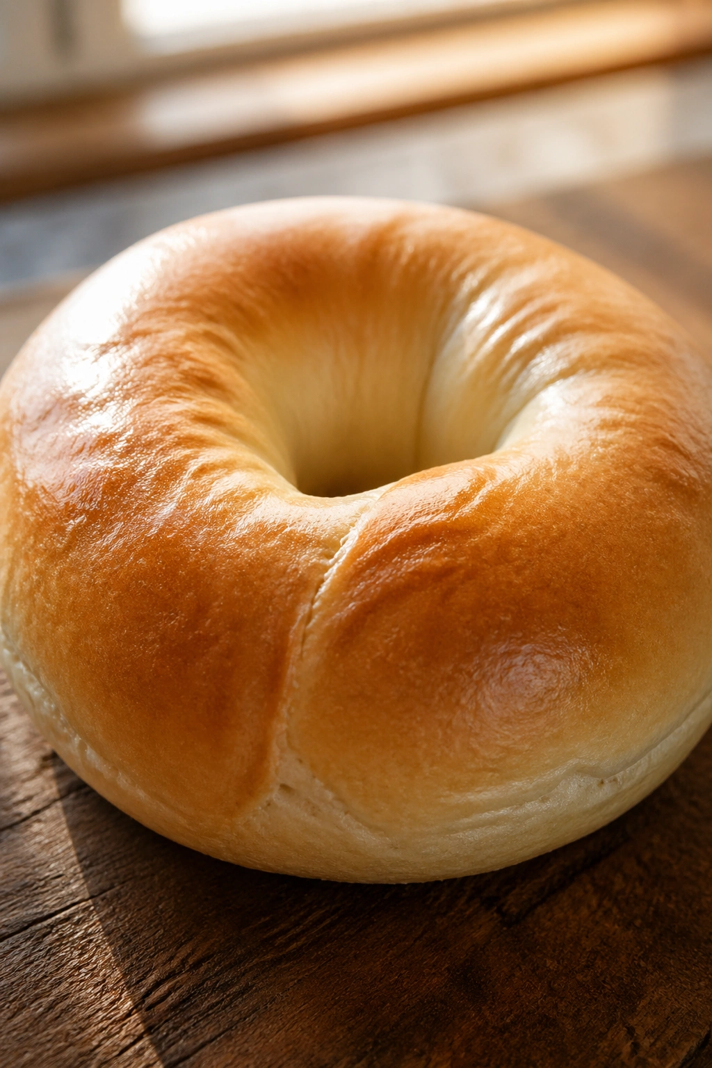 Close-up of a plain bagel on a wooden surface