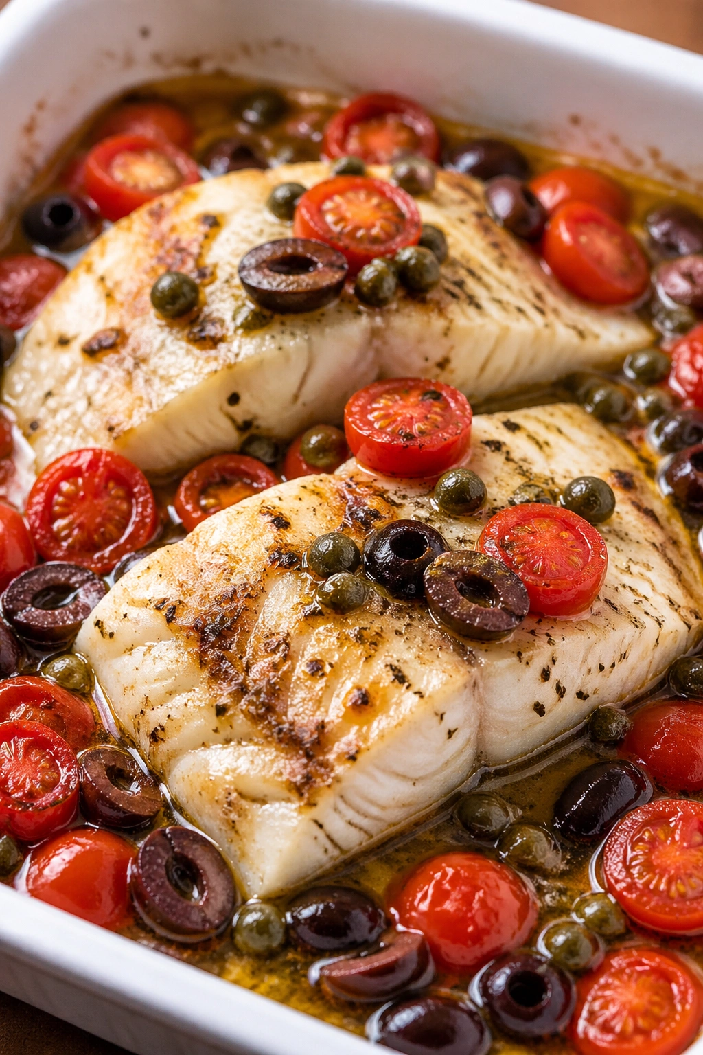 Close-up of baked cod with cherry tomatoes and olives in a rustic dish