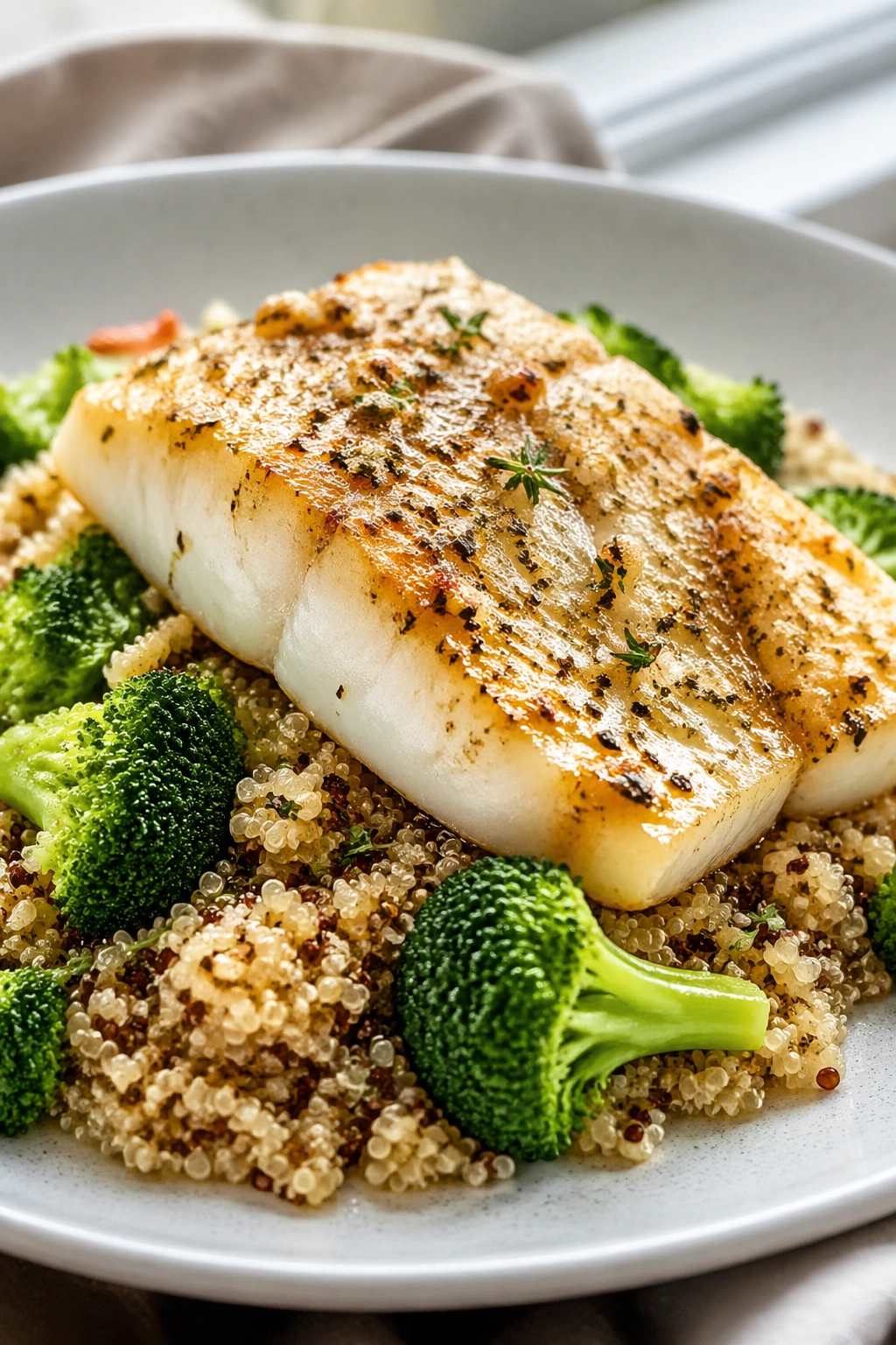 Close-up of baked cod with quinoa and broccoli on a plate