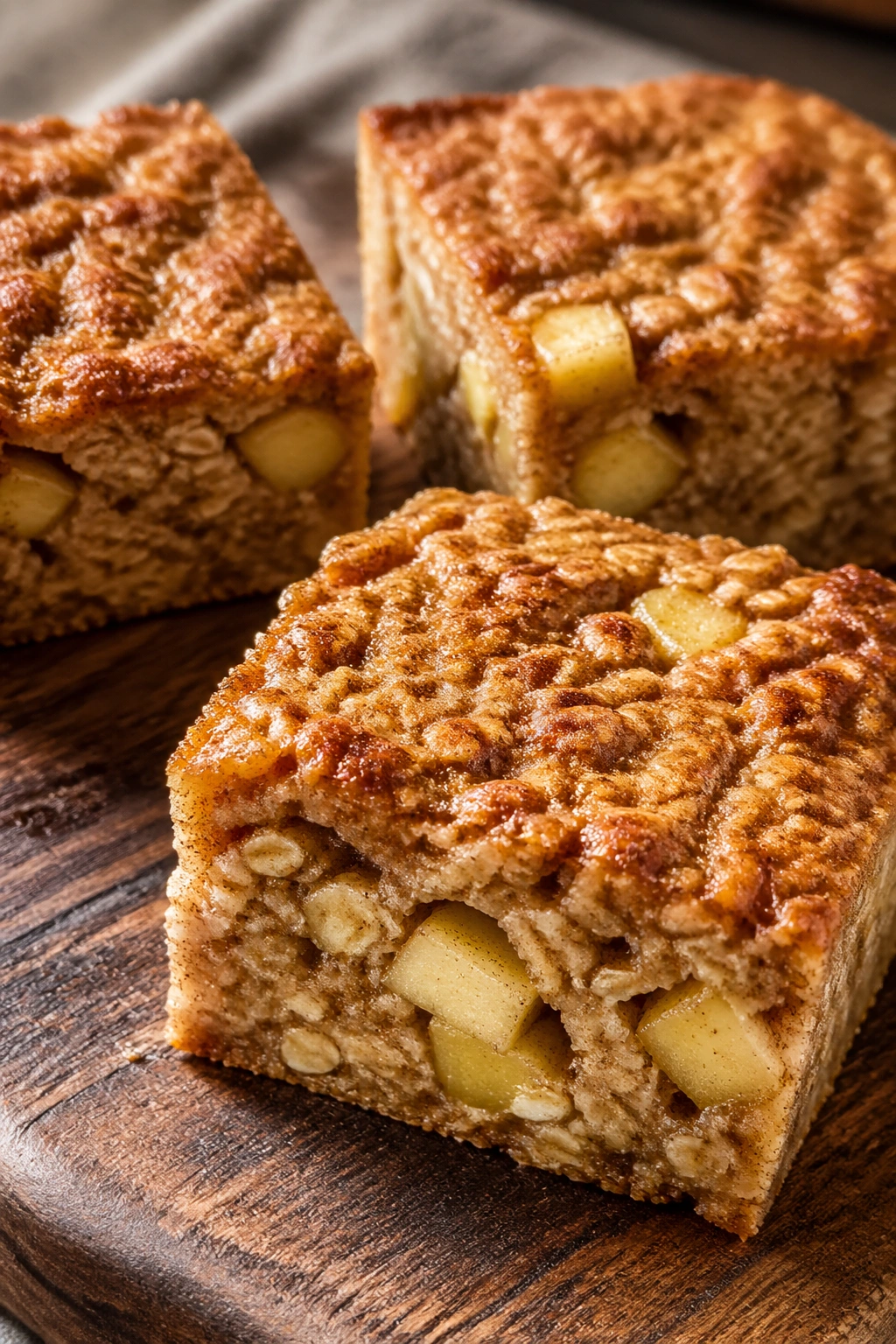 Close-up of baked oatmeal squares with apples and cinnamon on a wooden cutting board in a warm kitchen