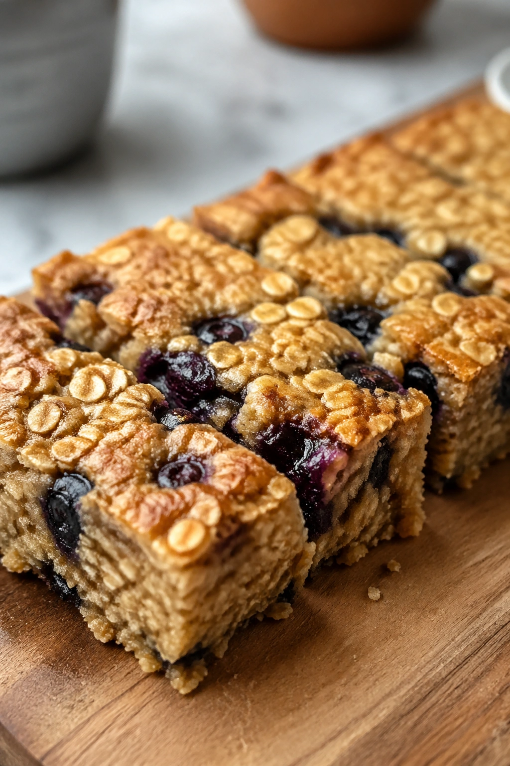 Row of baked oatmeal squares on cutting board