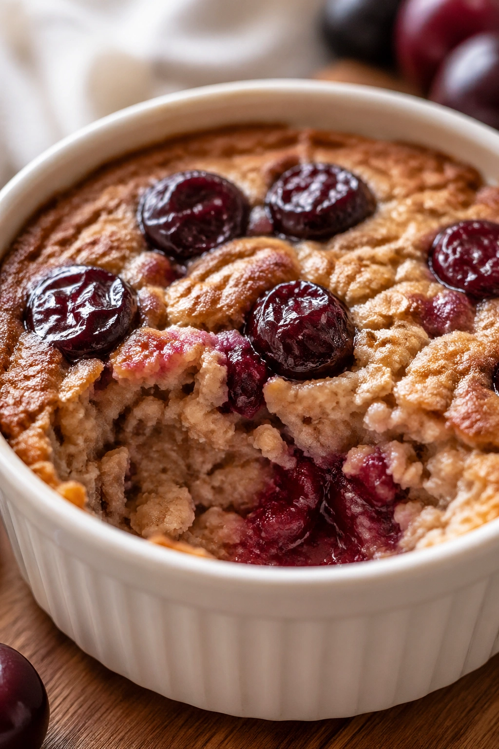 Golden-topped baked oat square in a ramekin on a warm kitchen counter