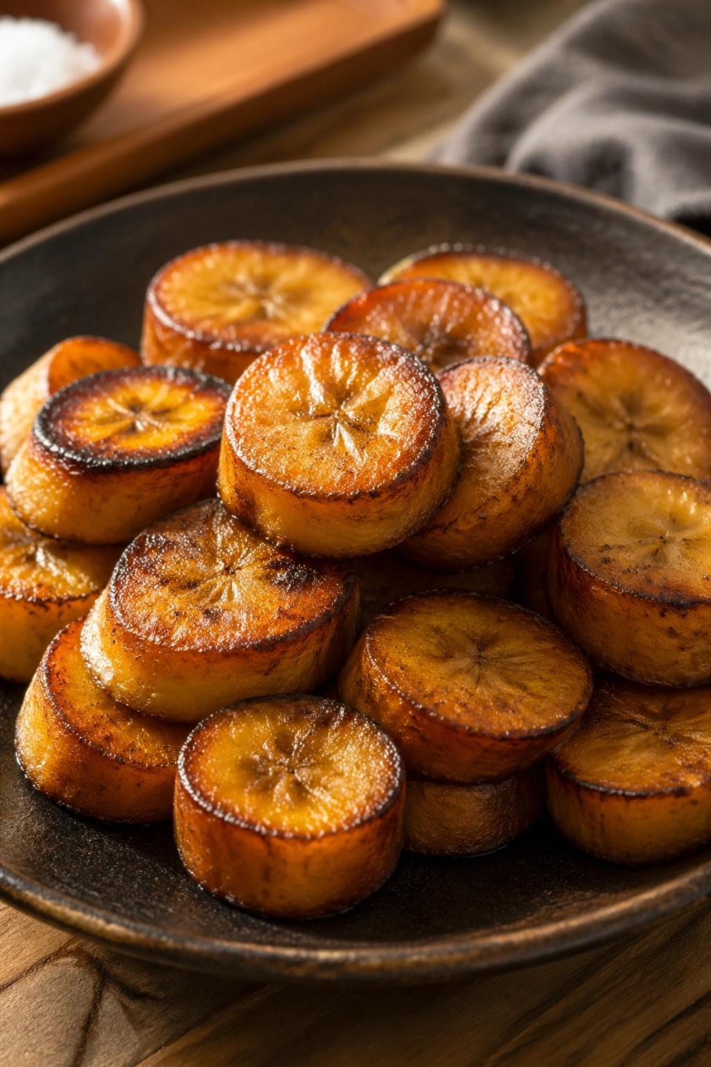 Baked plantains on a plate in warm kitchen light