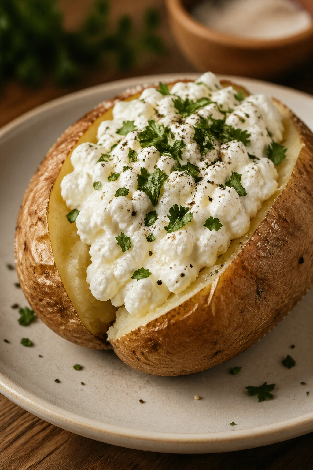 Split baked potato with cottage cheese and herbs on plate