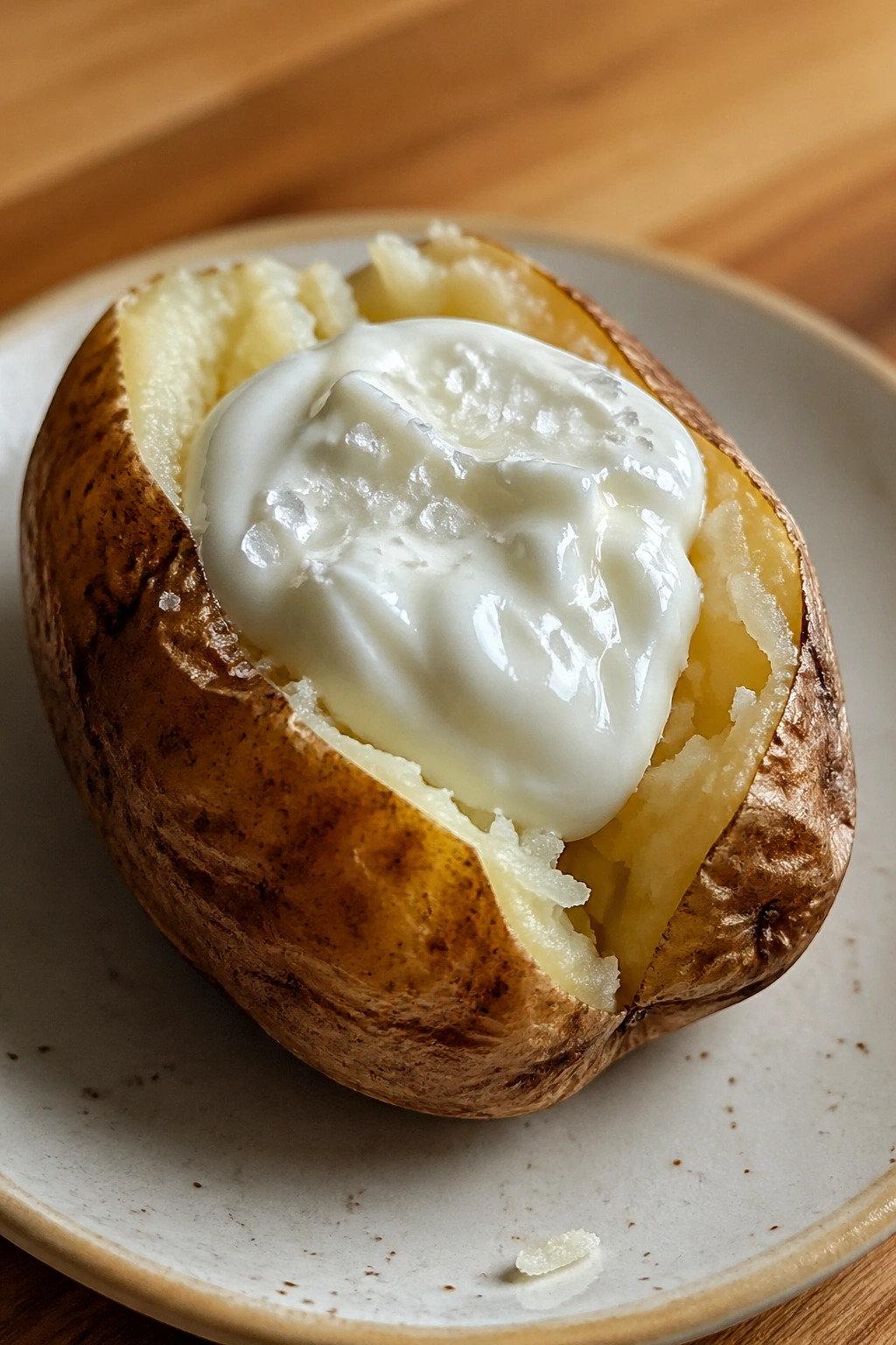 Close-up of a mini baked potato with Greek yogurt and salt