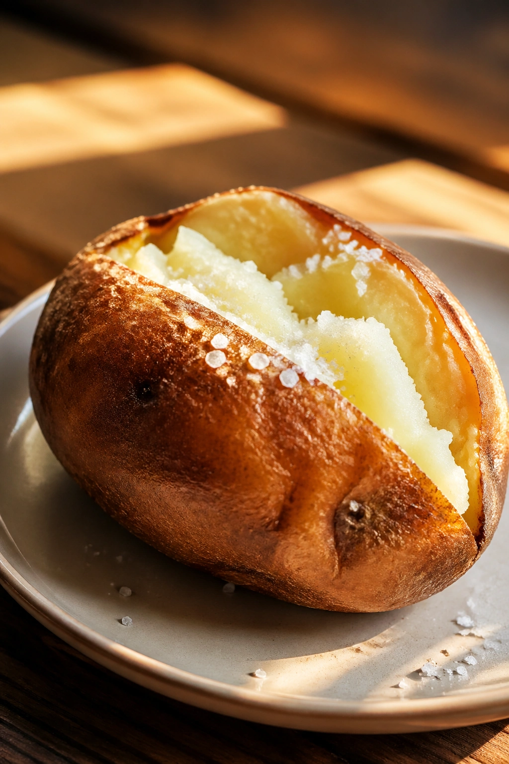Close-up of a baked potato with salt on a rustic plate