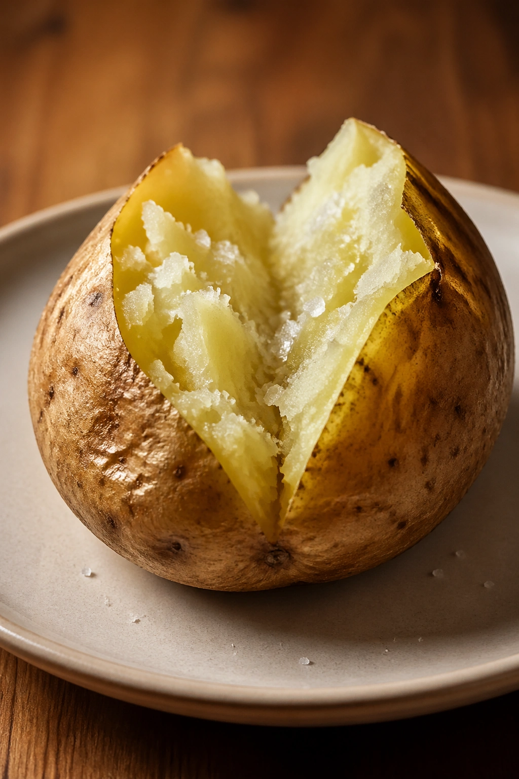Small baked potato cut open with salt on a plate under warm light