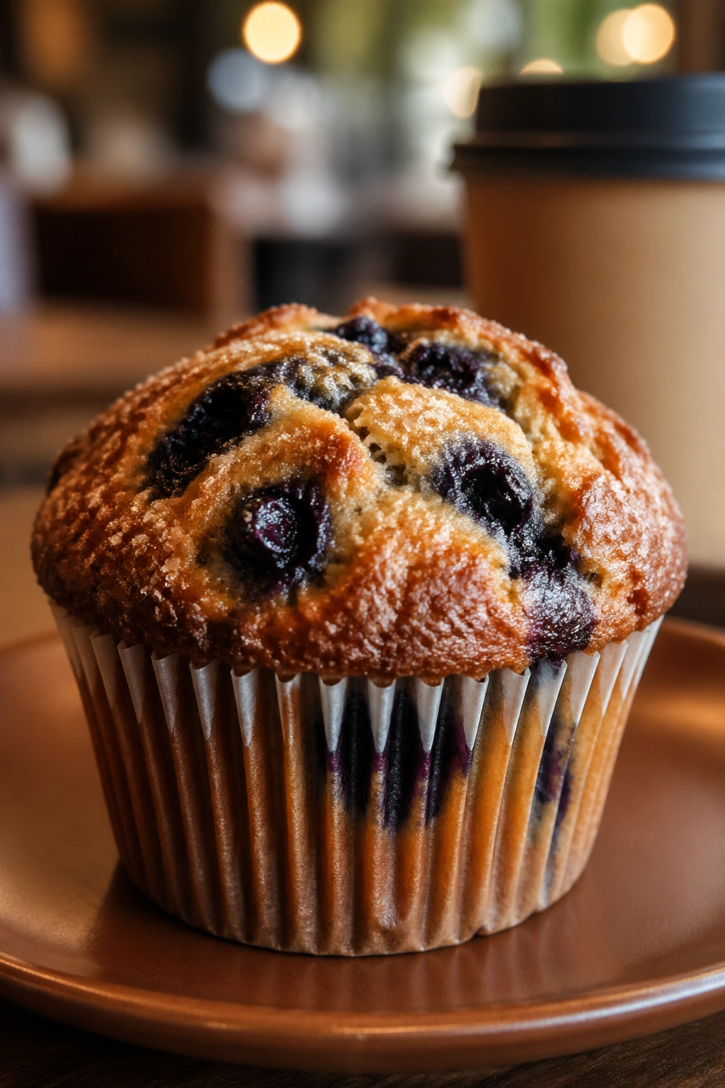 Close-up of a bakery muffin on a plate in a cozy cafe
