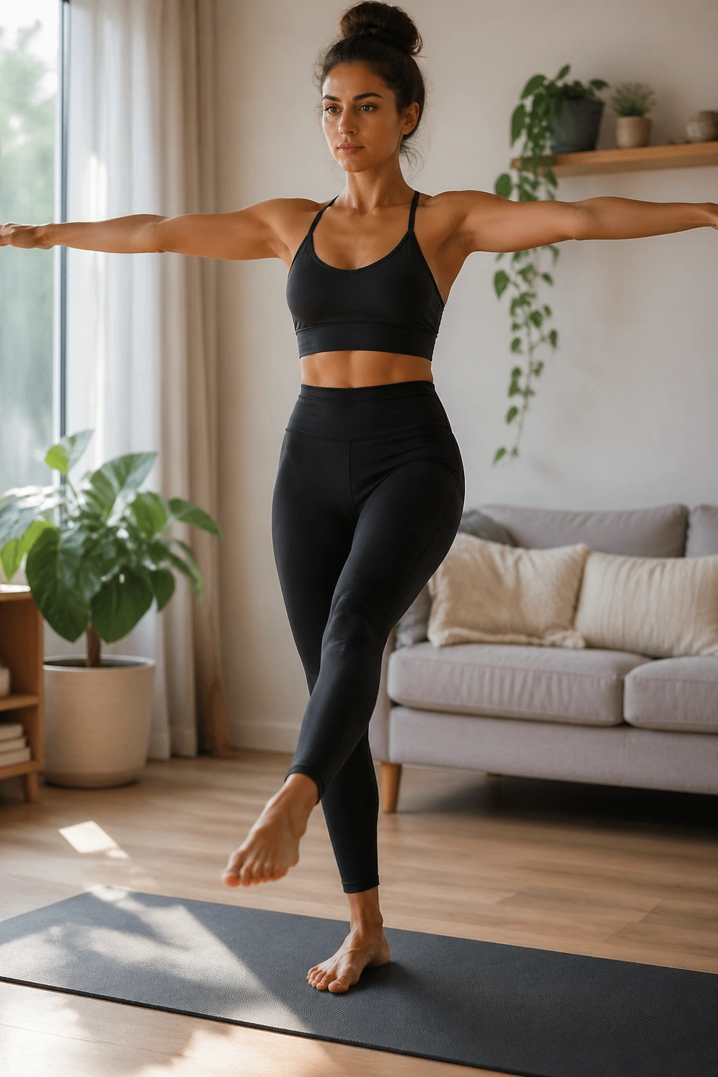 Close-up of a person balancing on one leg on a mat at home
