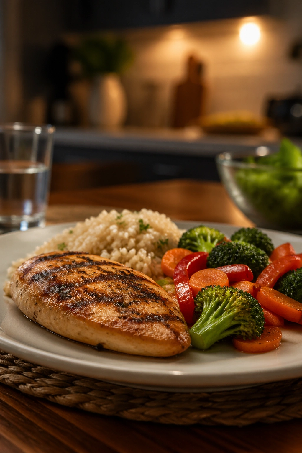 Balanced dinner plate close-up on a wooden table in a warm kitchen