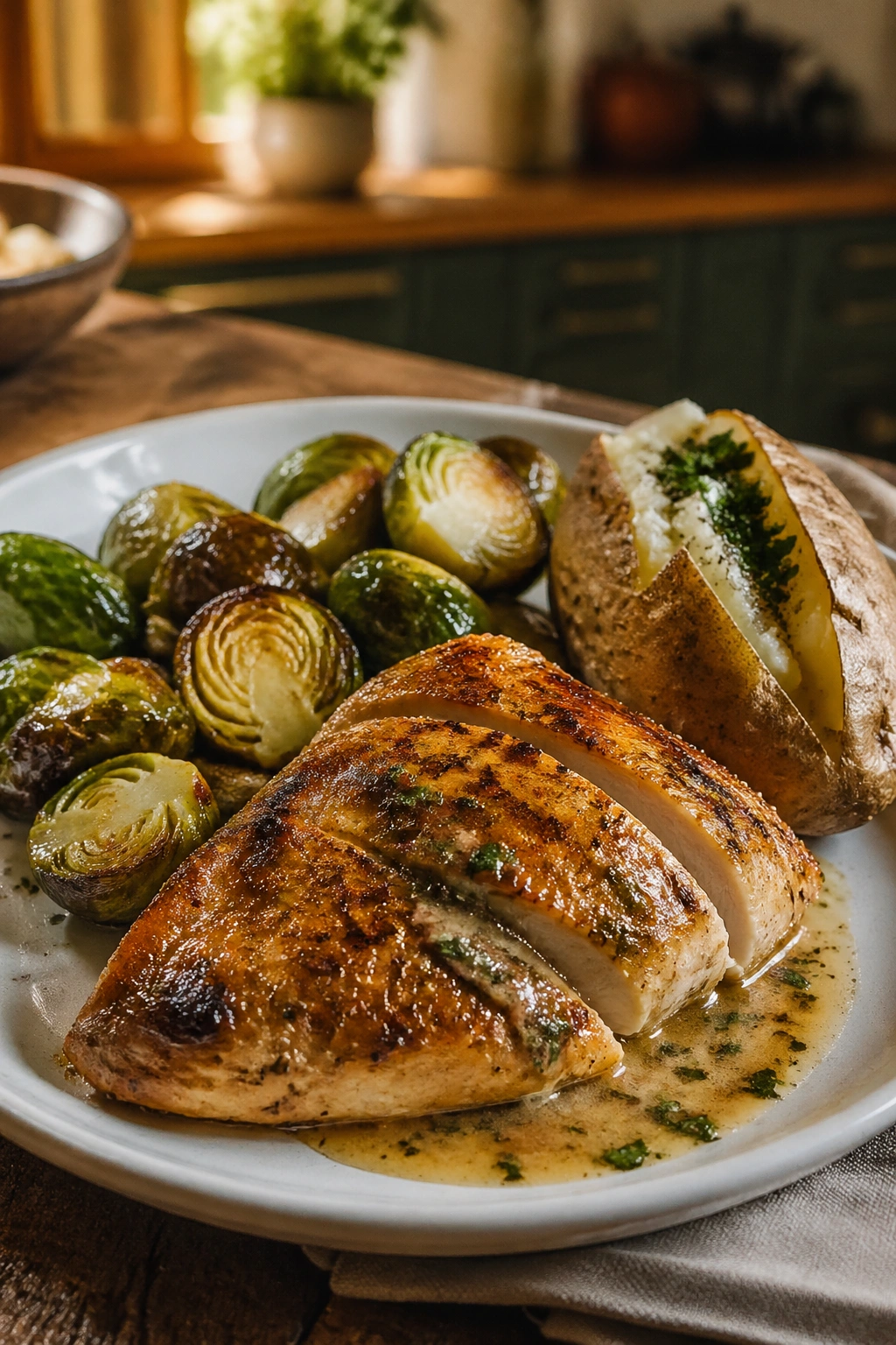 Close-up of a balanced home-cooked dinner plate with roast chicken, Brussels sprouts, and a small baked potato