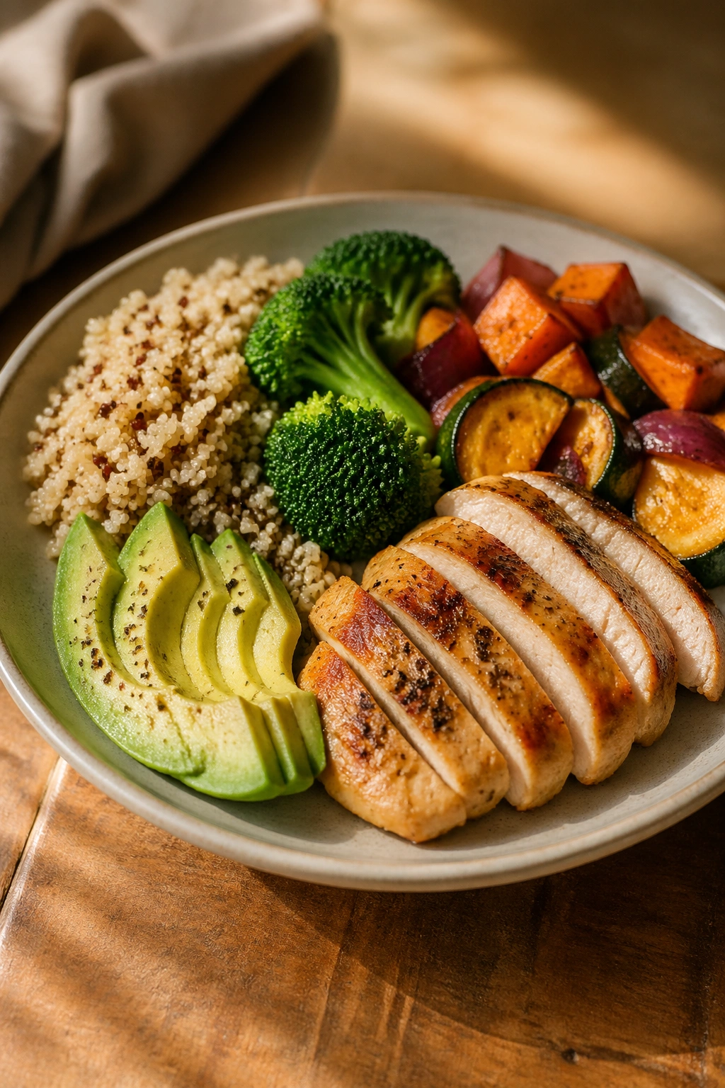 Close-up of a balanced real meals plate with protein, vegetables, grains and fats