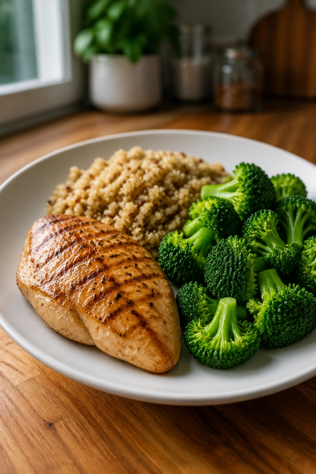 Close-up of a balanced post-workout plate with chicken, quinoa, and broccoli