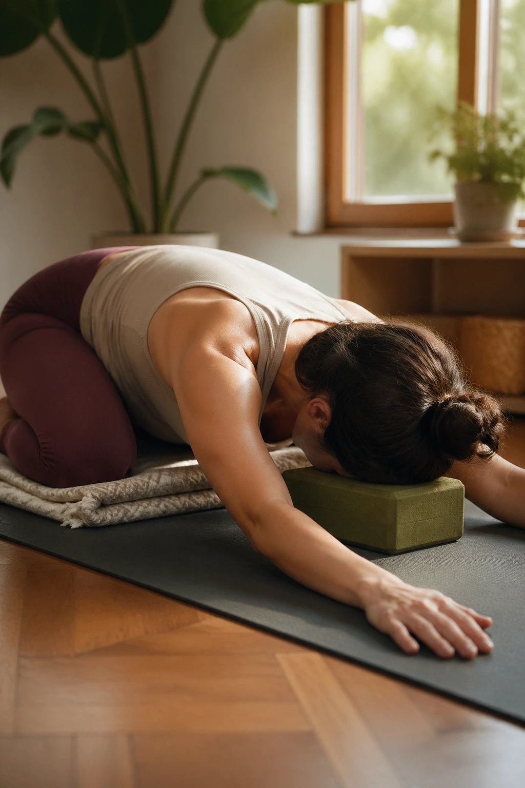 Close-up of a person in Child's Pose on a yoga mat with forehead on a block in a cozy room