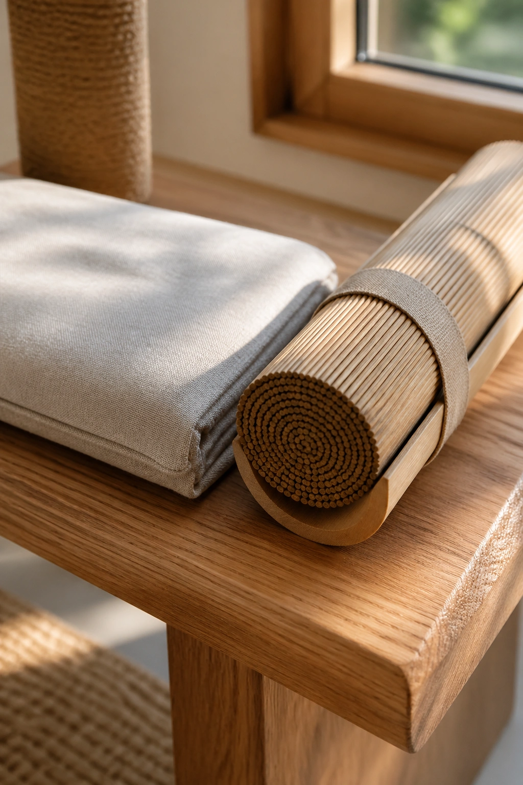 Close-up of an oak bench with linen cushion and bamboo mat holder in a calm yoga room