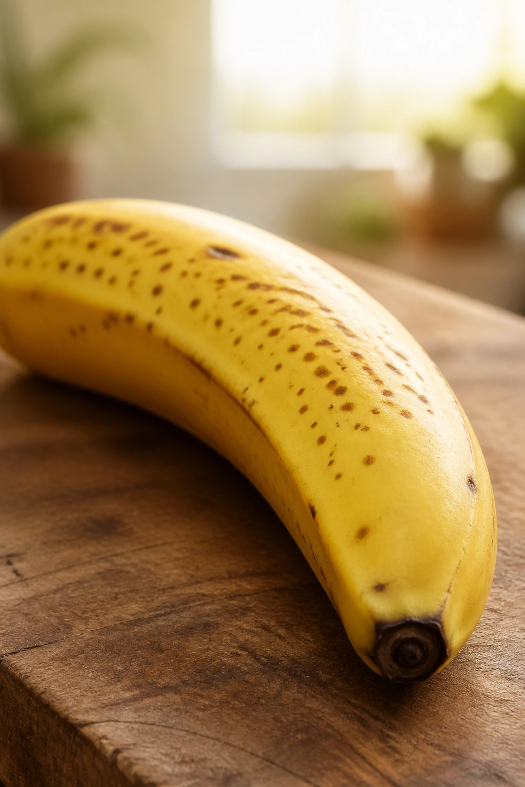 Close-up of a ripe banana filling the frame on a wooden cutting board in a sunlit kitchen