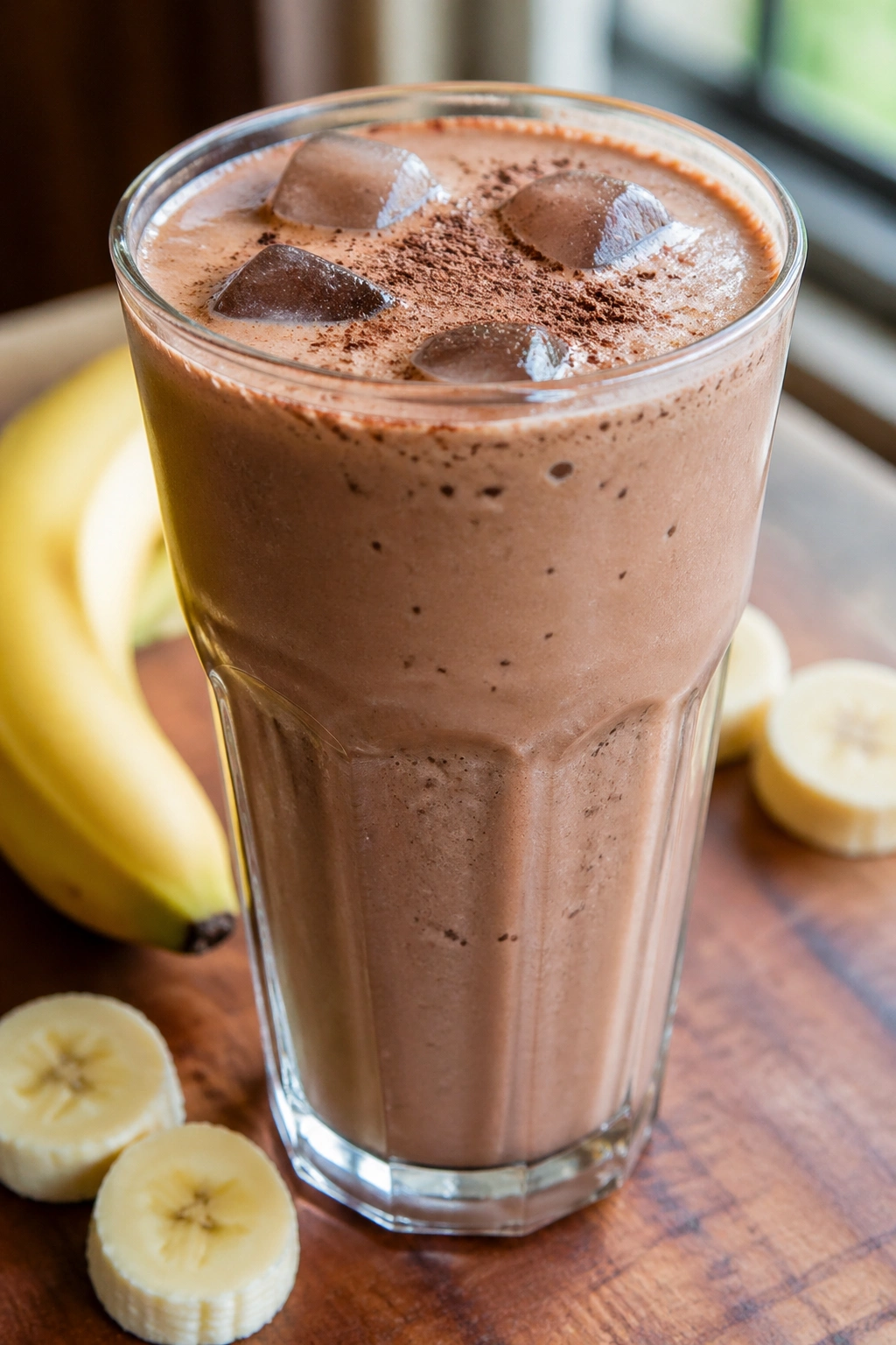 Banana chocolate milkshake in a glass, pre-workout shake