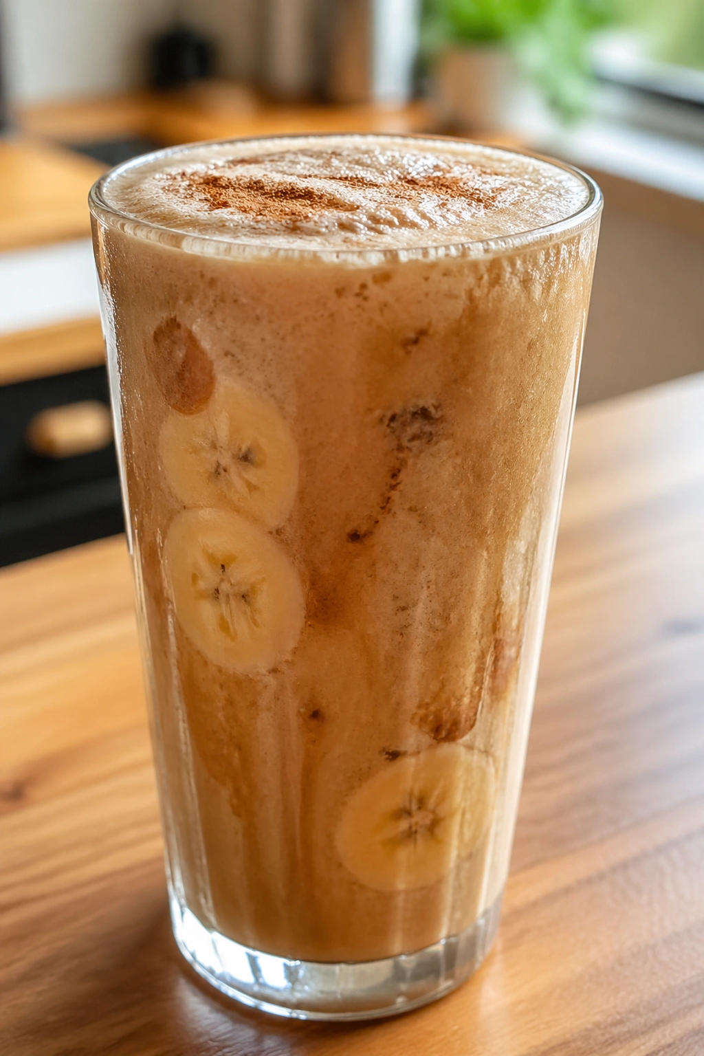Close-up of a banana cinnamon cold brew shake in a tall glass