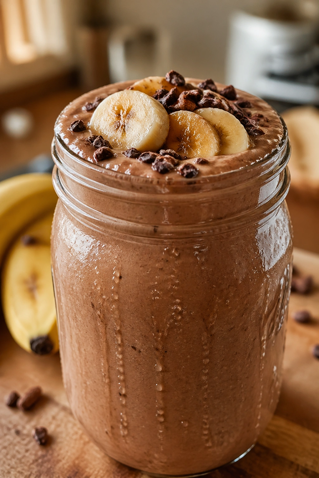 Thick banana cocoa cottage cheese smoothie in a mason jar on a kitchen surface