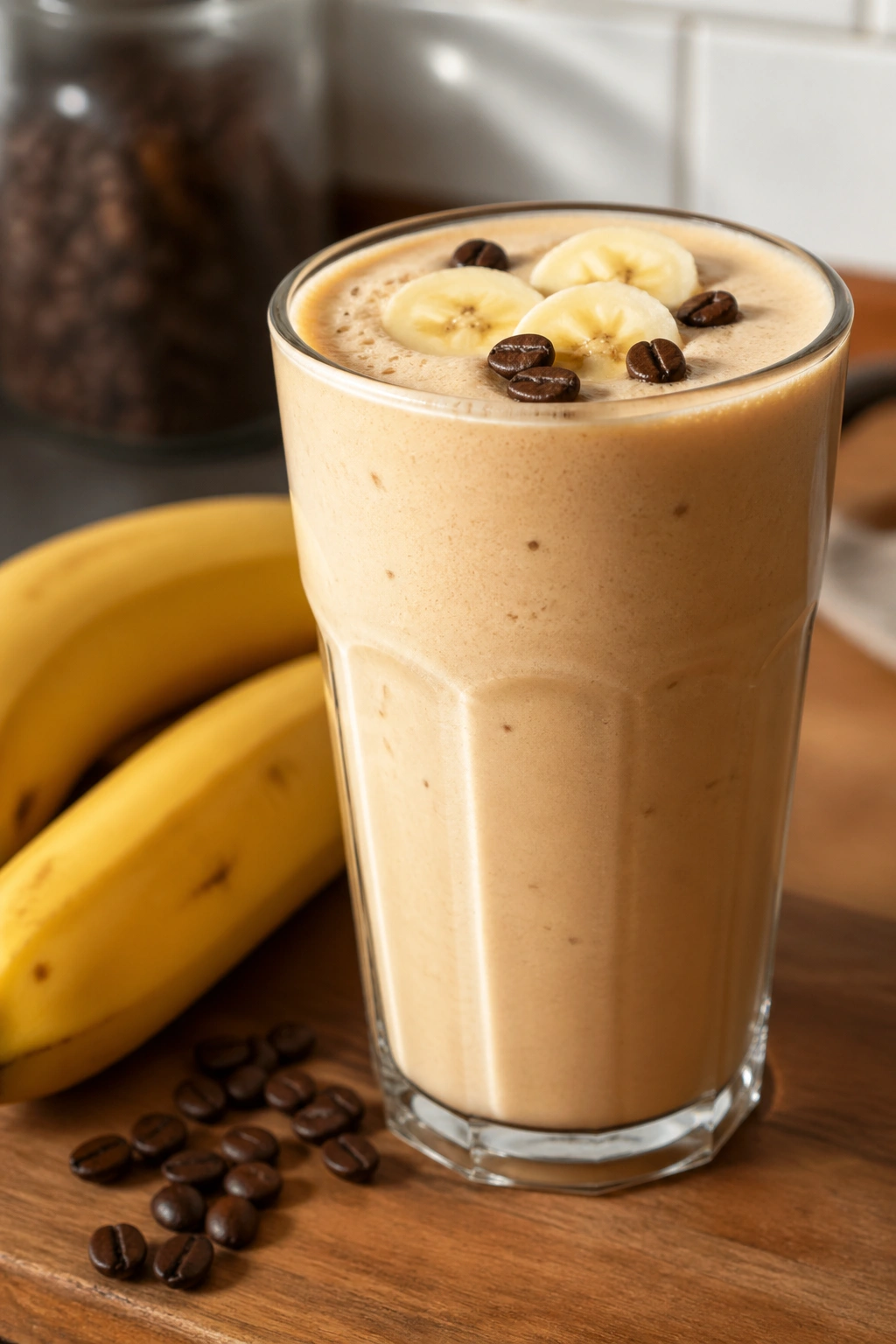 Close-up of banana coffee smoothie in a glass on a kitchen counter