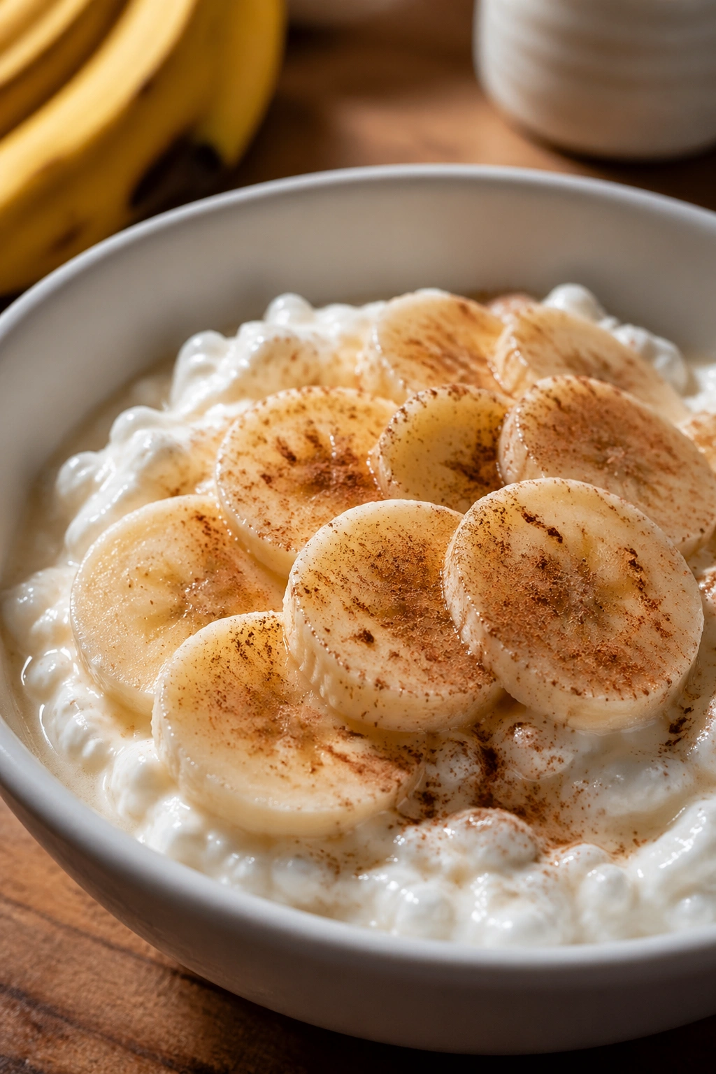 Close-up of cottage cheese with banana slices and cinnamon in a bowl