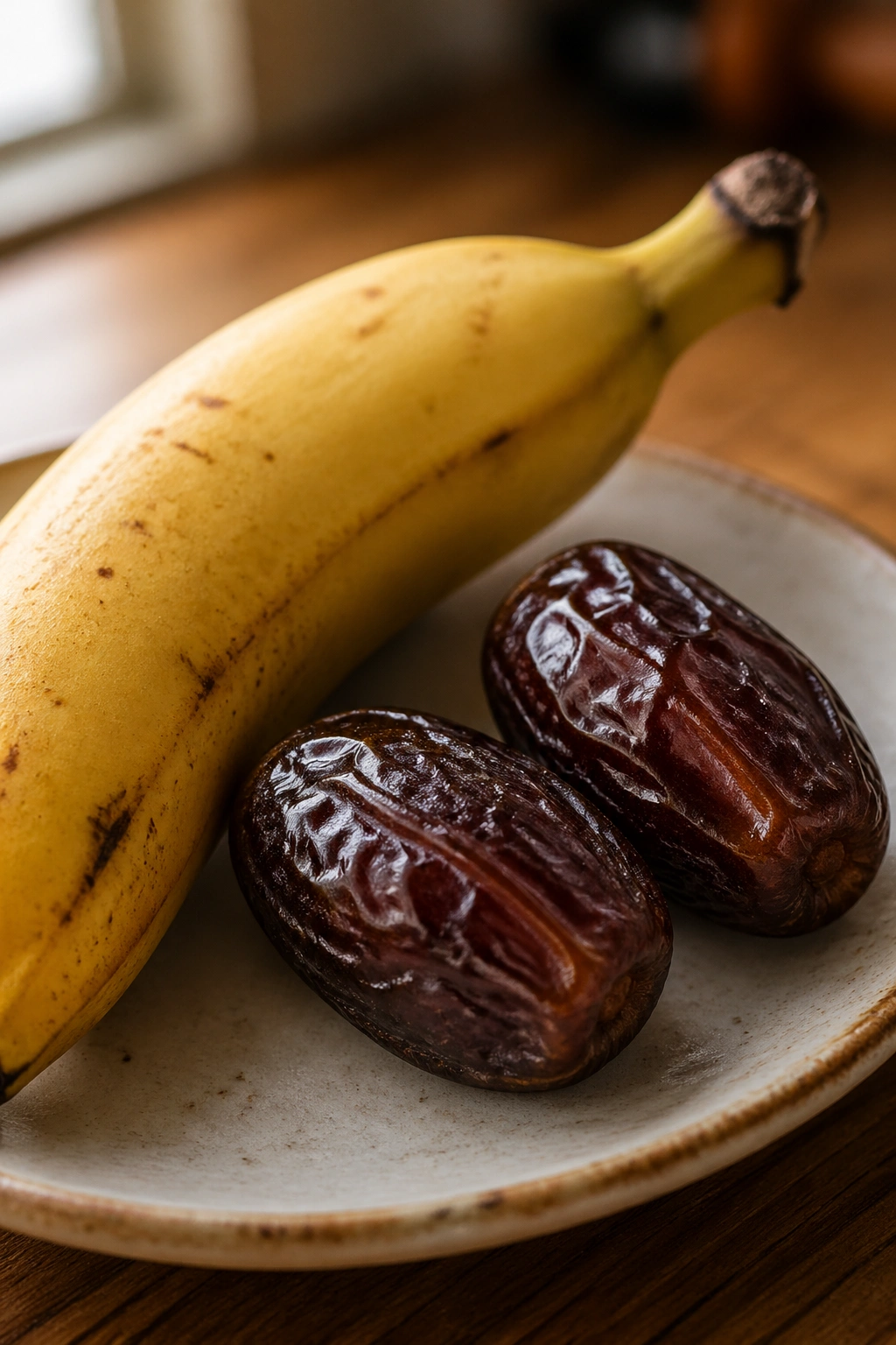 Banana with two Medjool dates on a plate, quick energy snack