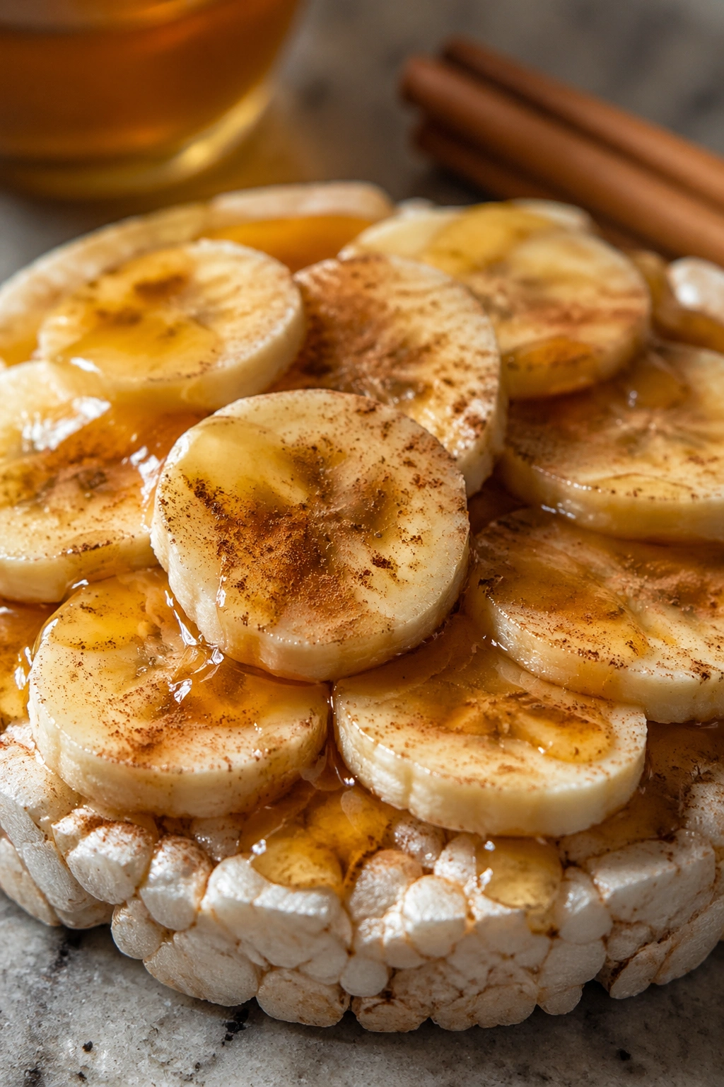 Close-up of a rice cake topped with banana slices, honey drizzle, and cinnamon
