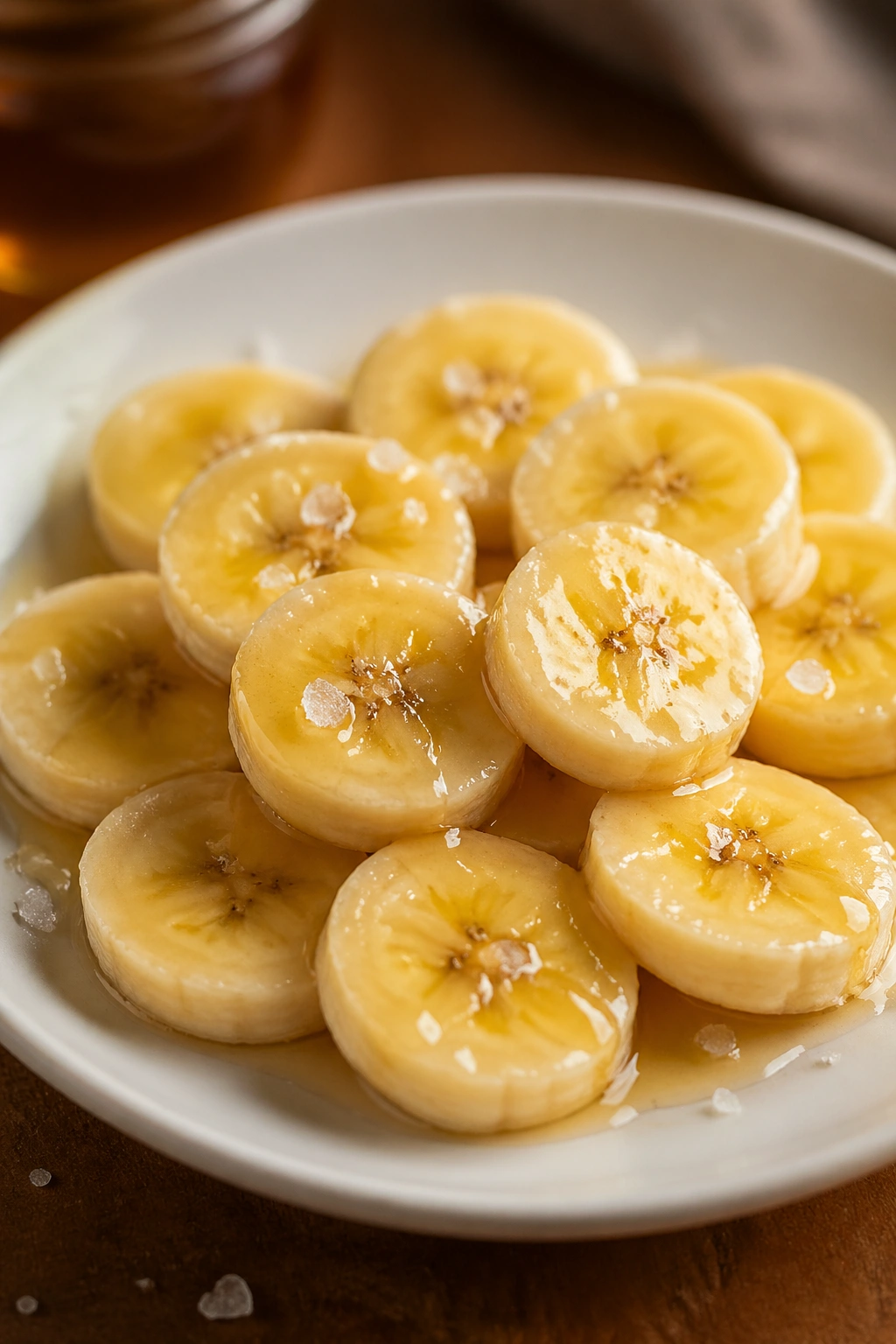 Close-up of banana slices with honey drizzle and sea salt on a plate
