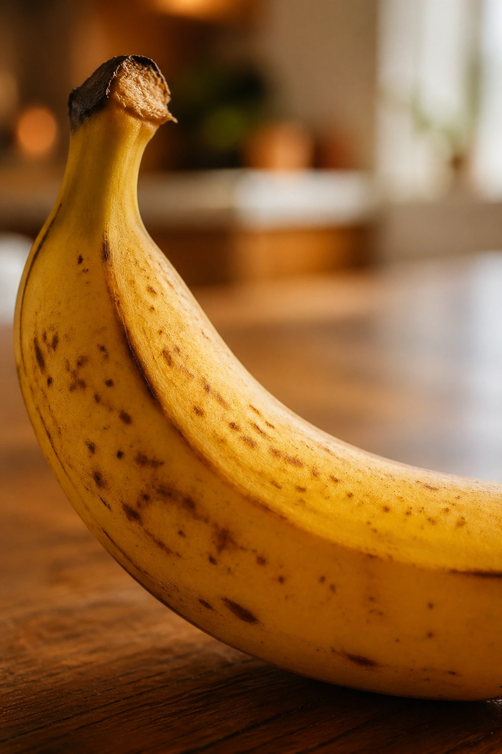 Close-up of a ripe banana on a wooden counter