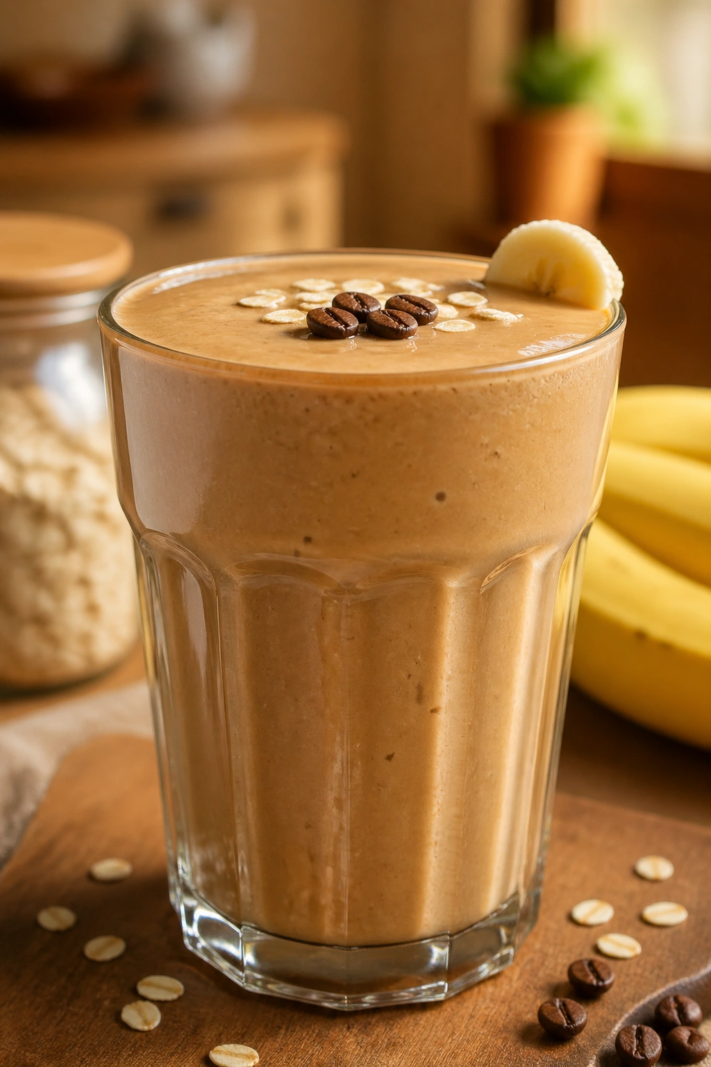 Close-up of Banana Oat Espresso Smoothie in glass