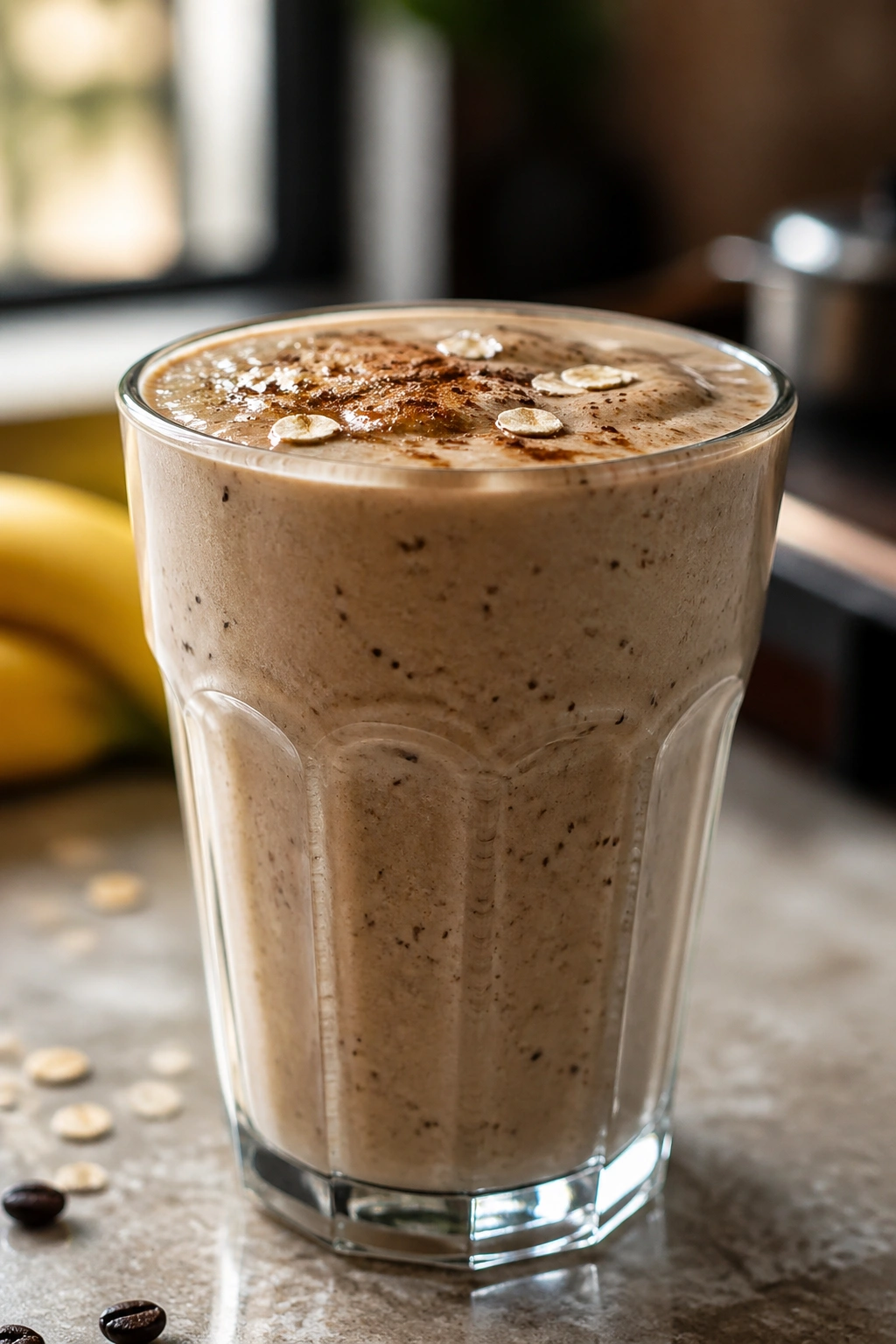 Banana oat espresso smoothie in a glass, close-up