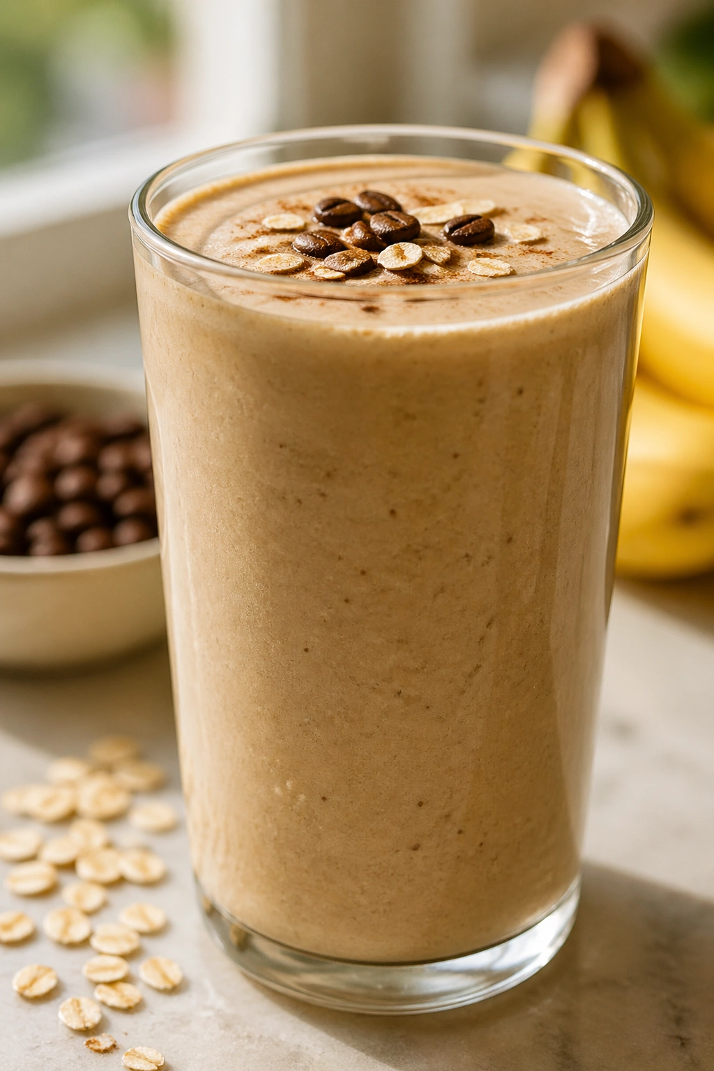 Creamy banana oat espresso smoothie in glass