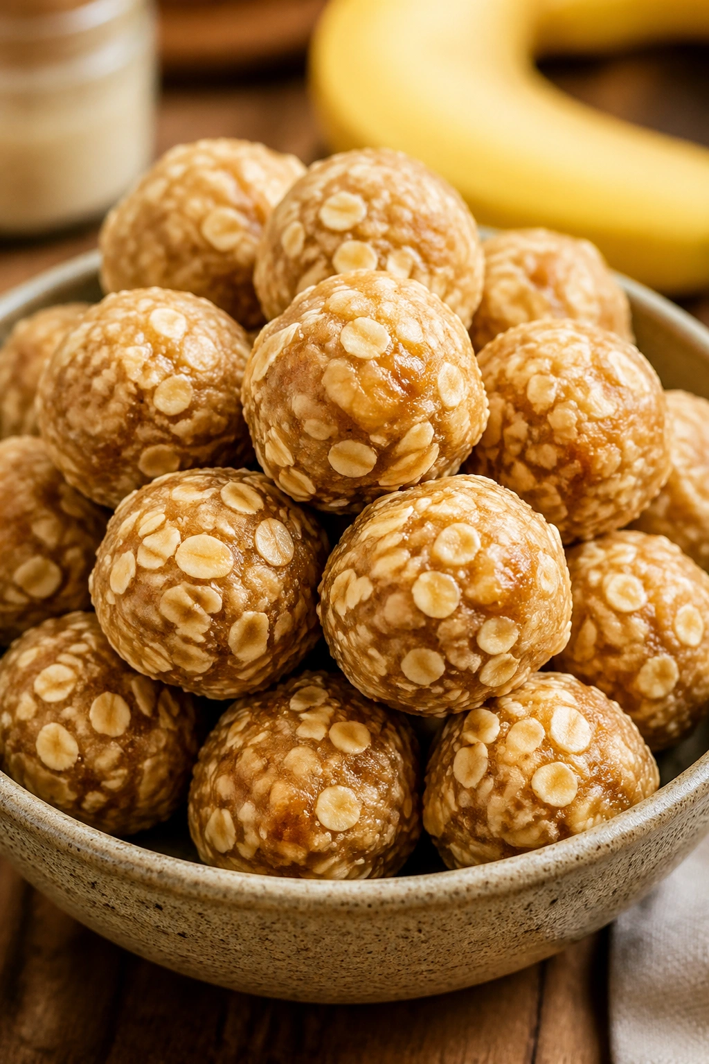 Close-up of banana oat honey protein balls piled in a bowl on a kitchen counter
