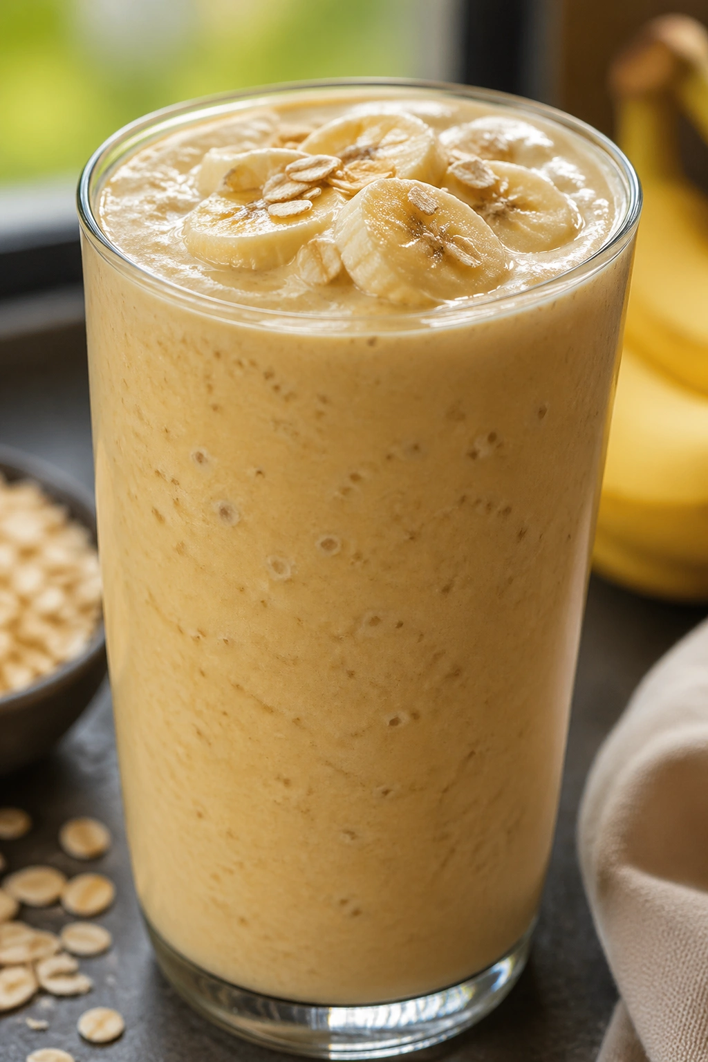 Close-up of thick banana oat smoothie in a glass on a warm kitchen counter